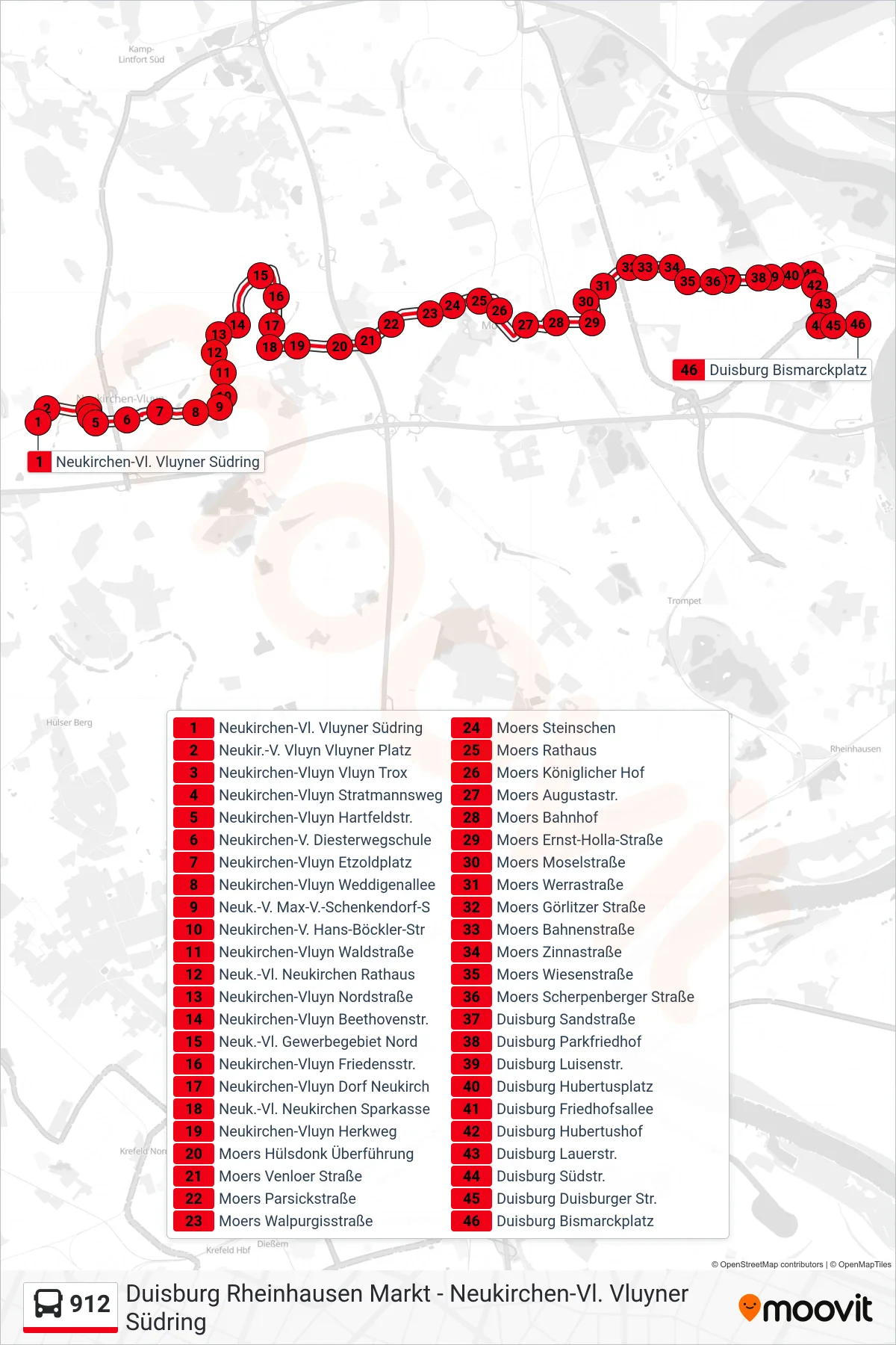 912 bus Line (Duisburg Bismarckplatz) route and stops on a map