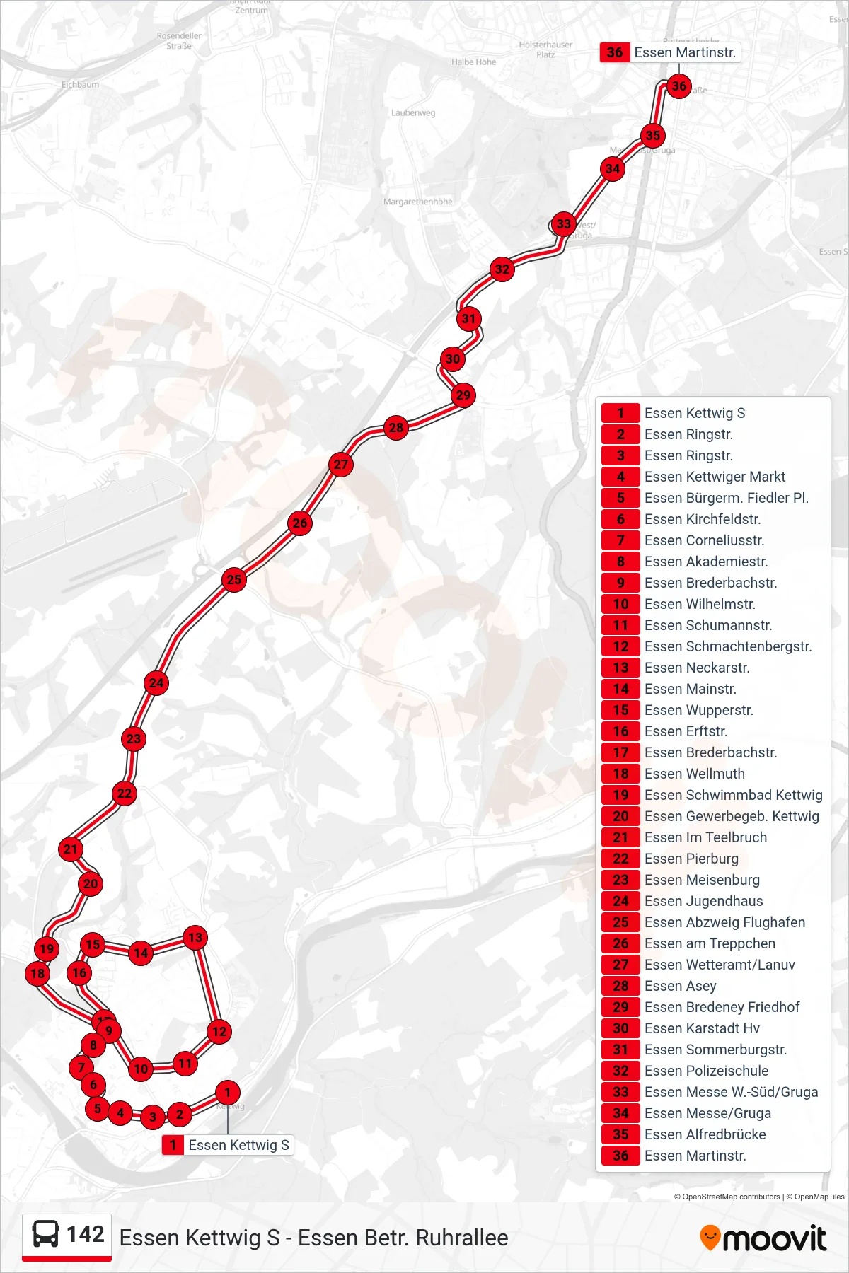 Linie 142 (Bus) Richtung Essen Martinstr.: Route und Haltestellen auf der Karte