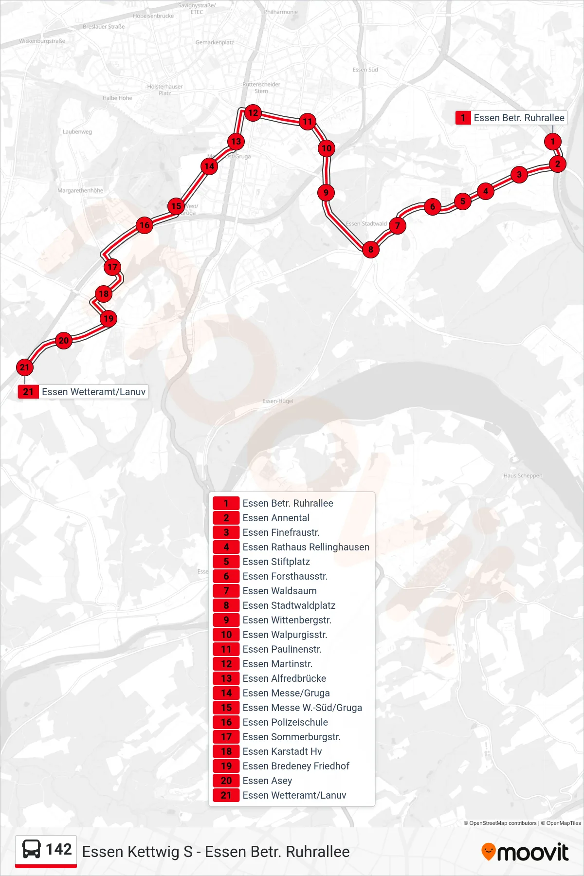Linie 142 (Bus) Richtung Essen Wetteramt/Lanuv: Route und Haltestellen auf der Karte