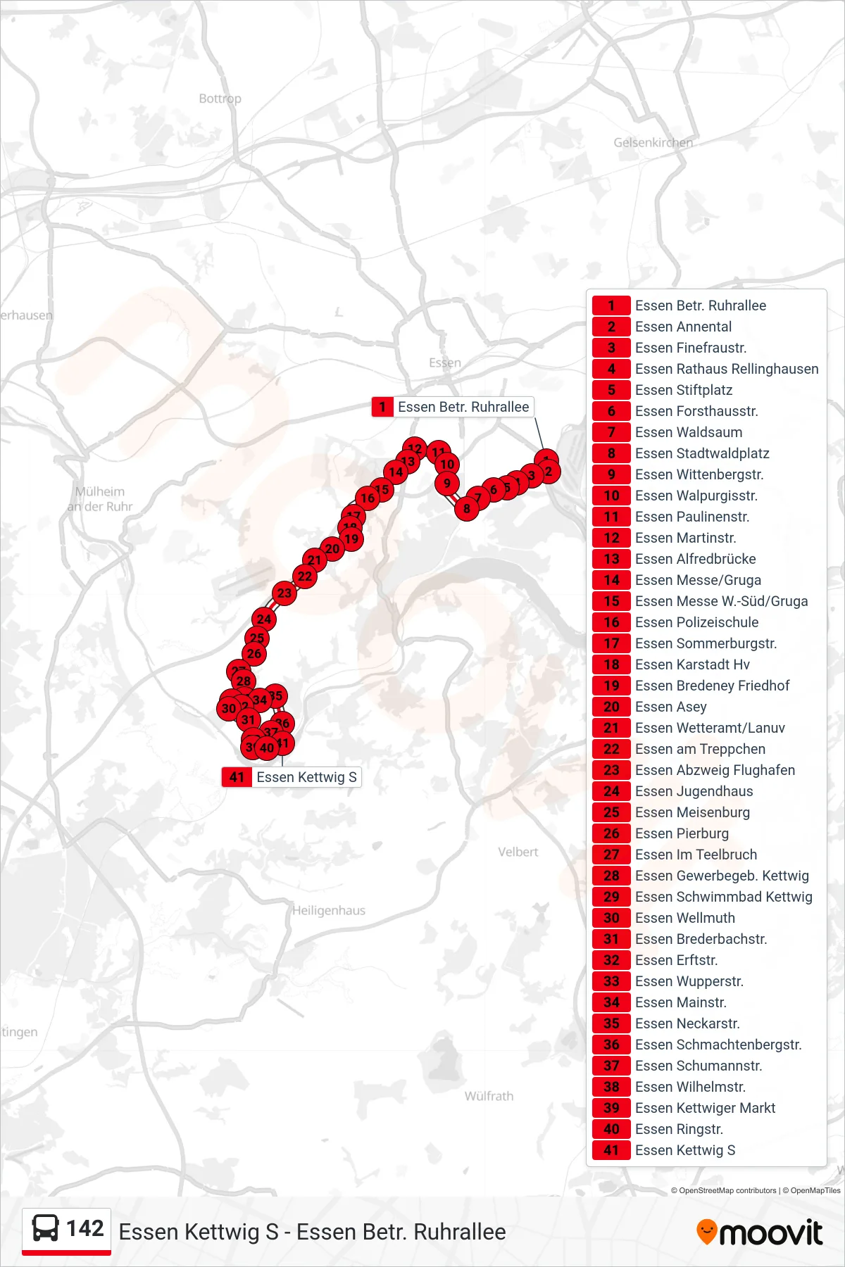 Linie 142 (Bus) Richtung Essen Kettwig S: Route und Haltestellen auf der Karte