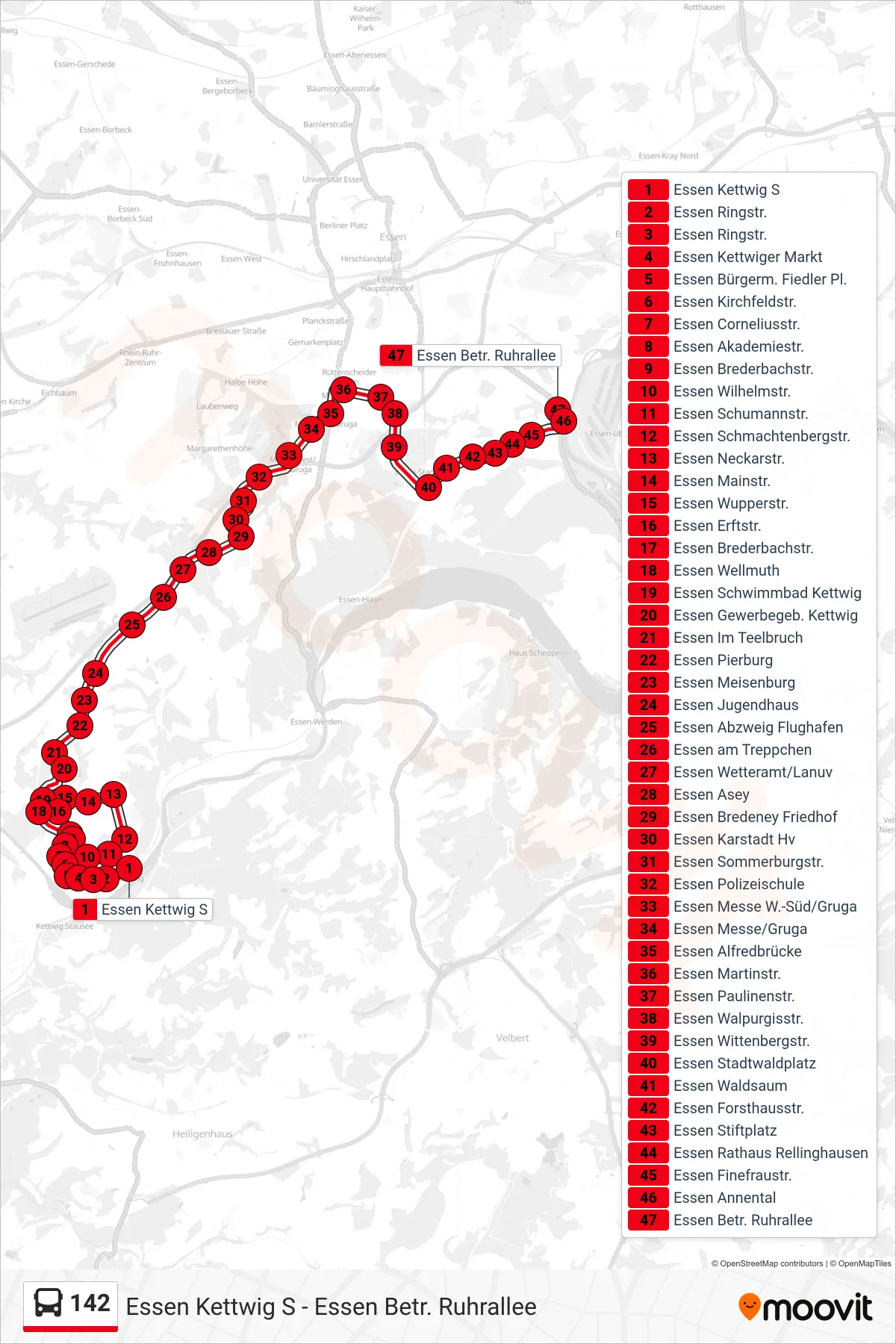 Linie 142 (Bus) Richtung Essen Betr. Ruhrallee: Route und Haltestellen auf der Karte
