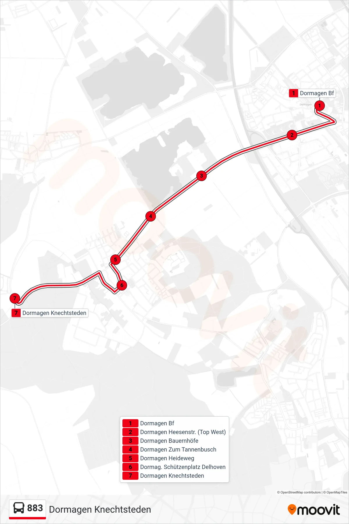 883 bus Line (Dormagen Knechtsteden) route and stops on a map