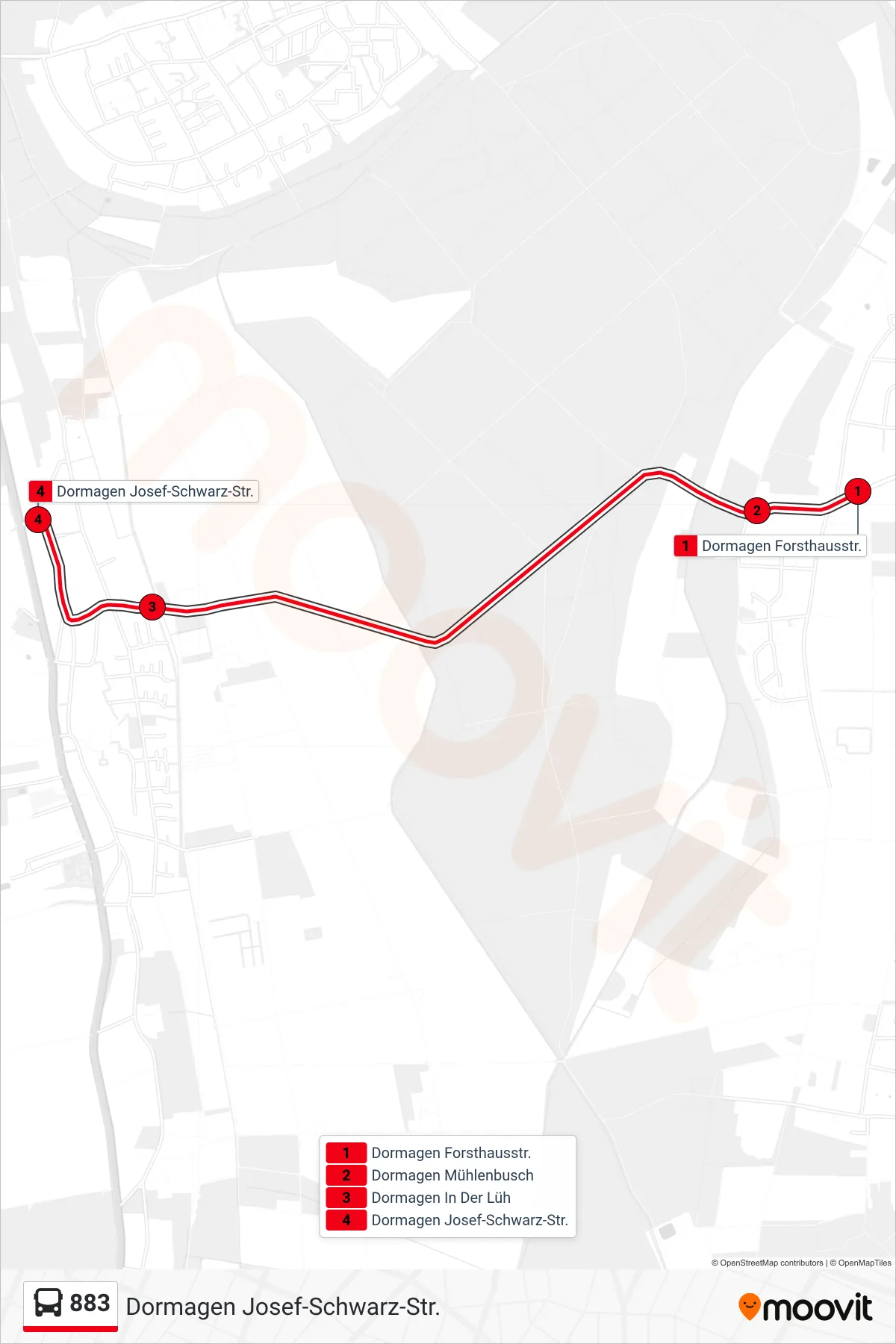 Linie 883 (Bus) Richtung Dormagen Josef-Schwarz-Str.: Route und Haltestellen auf der Karte
