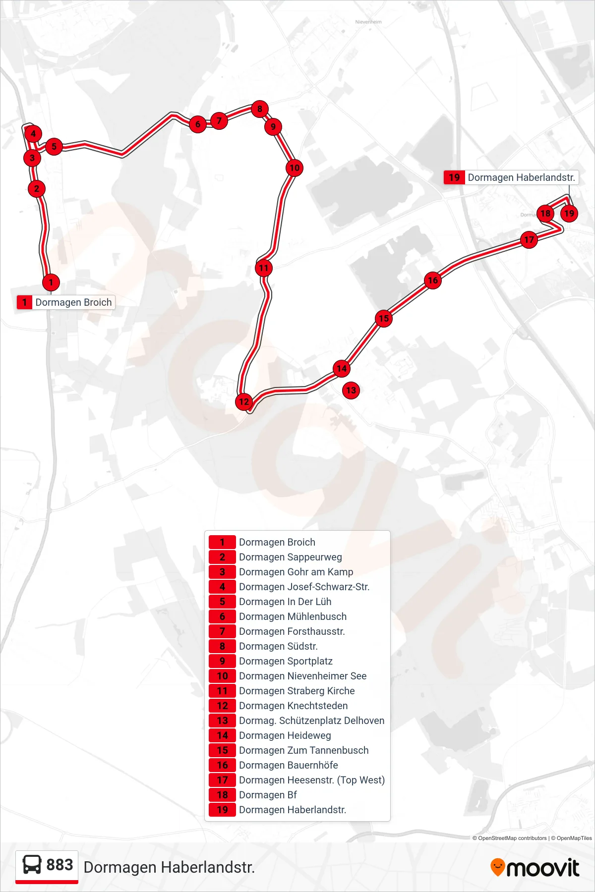 Linie 883 (Bus) Richtung Dormagen Haberlandstr.: Route und Haltestellen auf der Karte