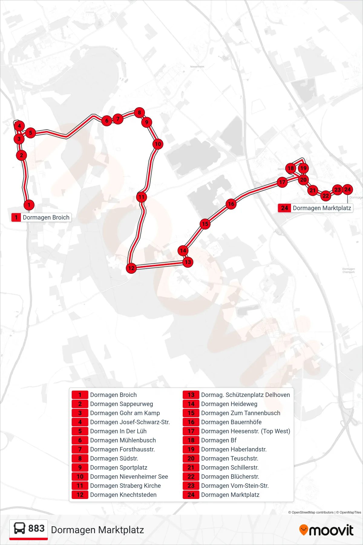 Linie 883 (Bus) Richtung Dormagen Marktplatz: Route und Haltestellen auf der Karte