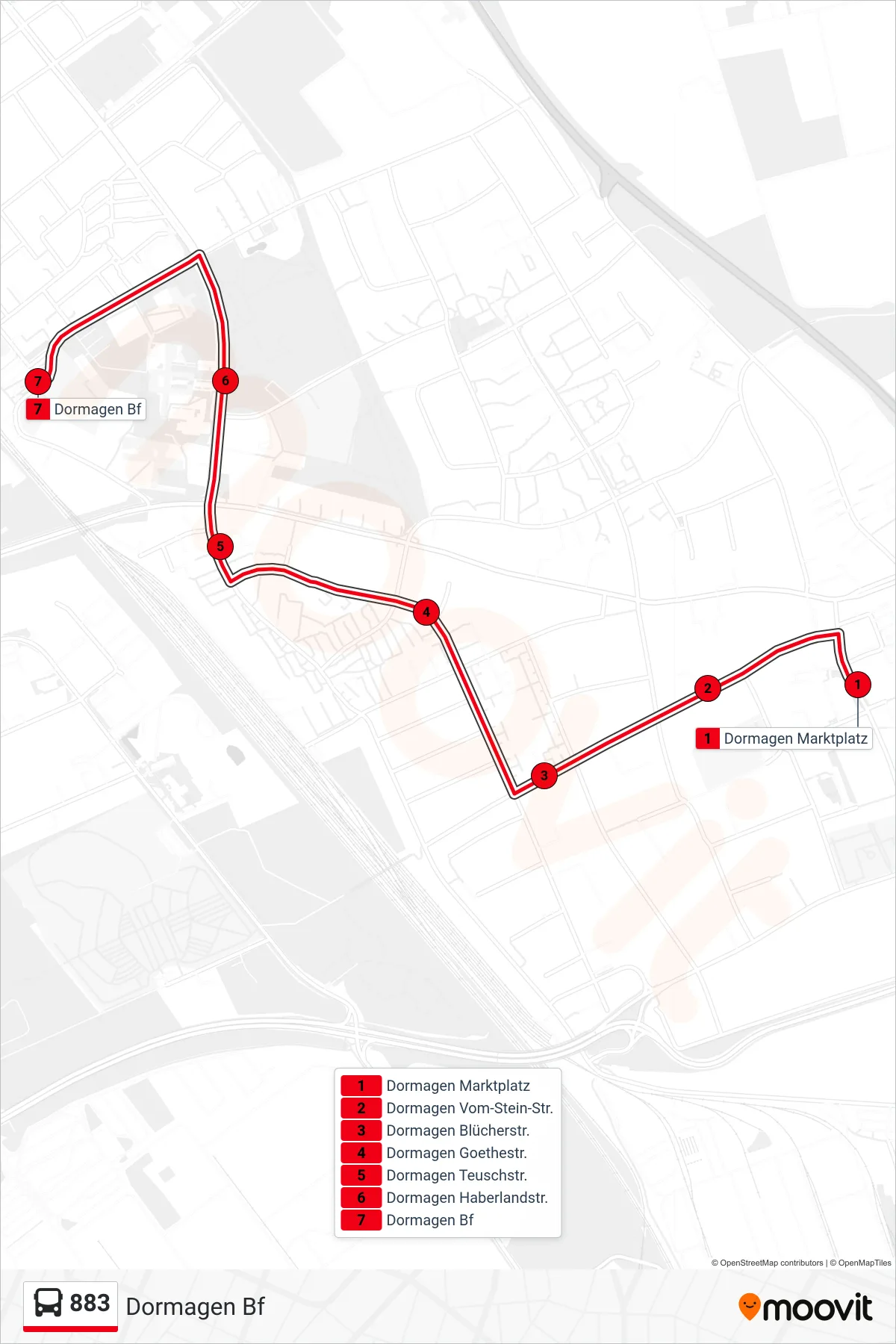Linie 883 (Bus) Richtung Dormagen Bf: Route und Haltestellen auf der Karte