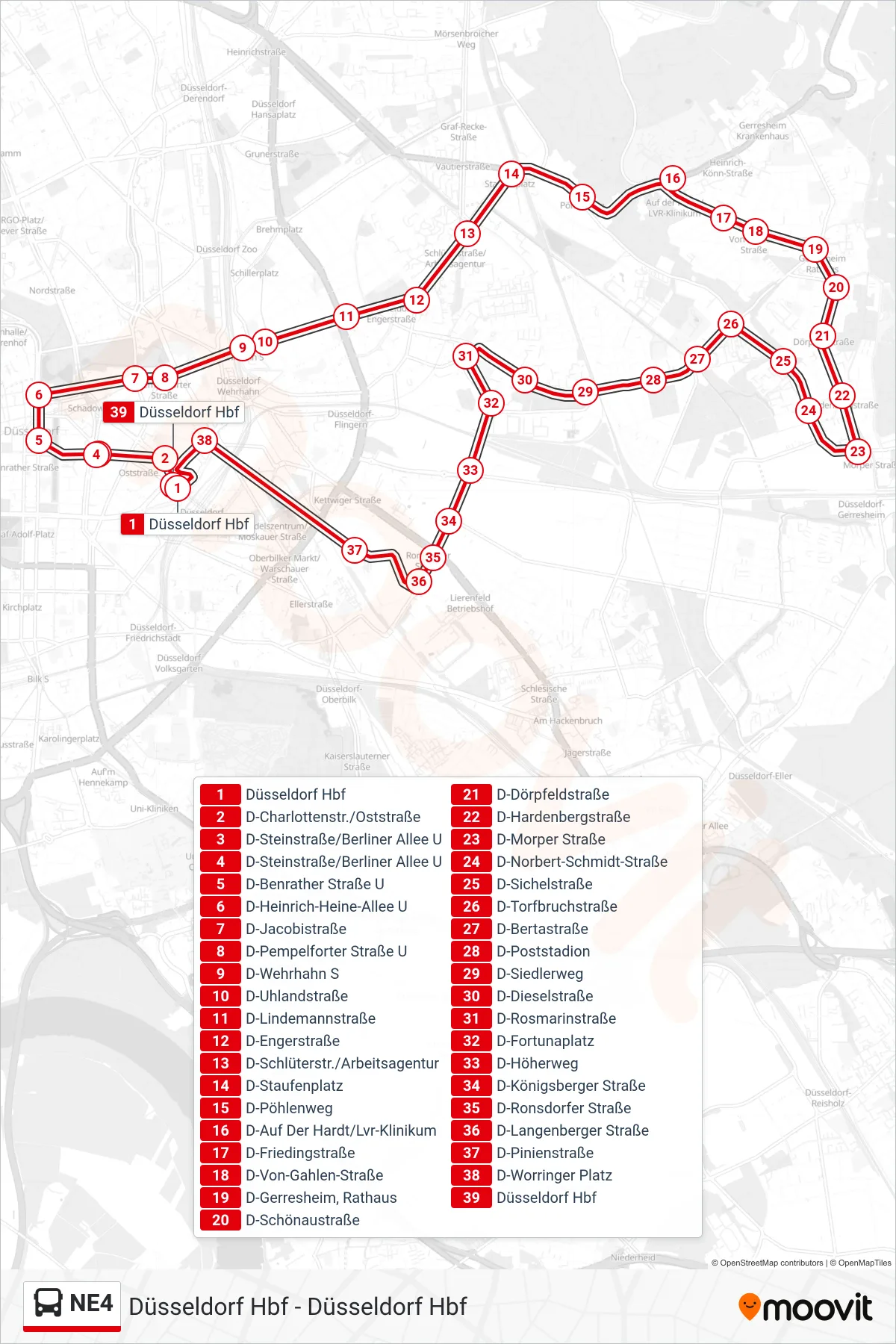 Linie NE4 (Bus) Richtung Düsseldorf Hbf: Route und Haltestellen auf der Karte
