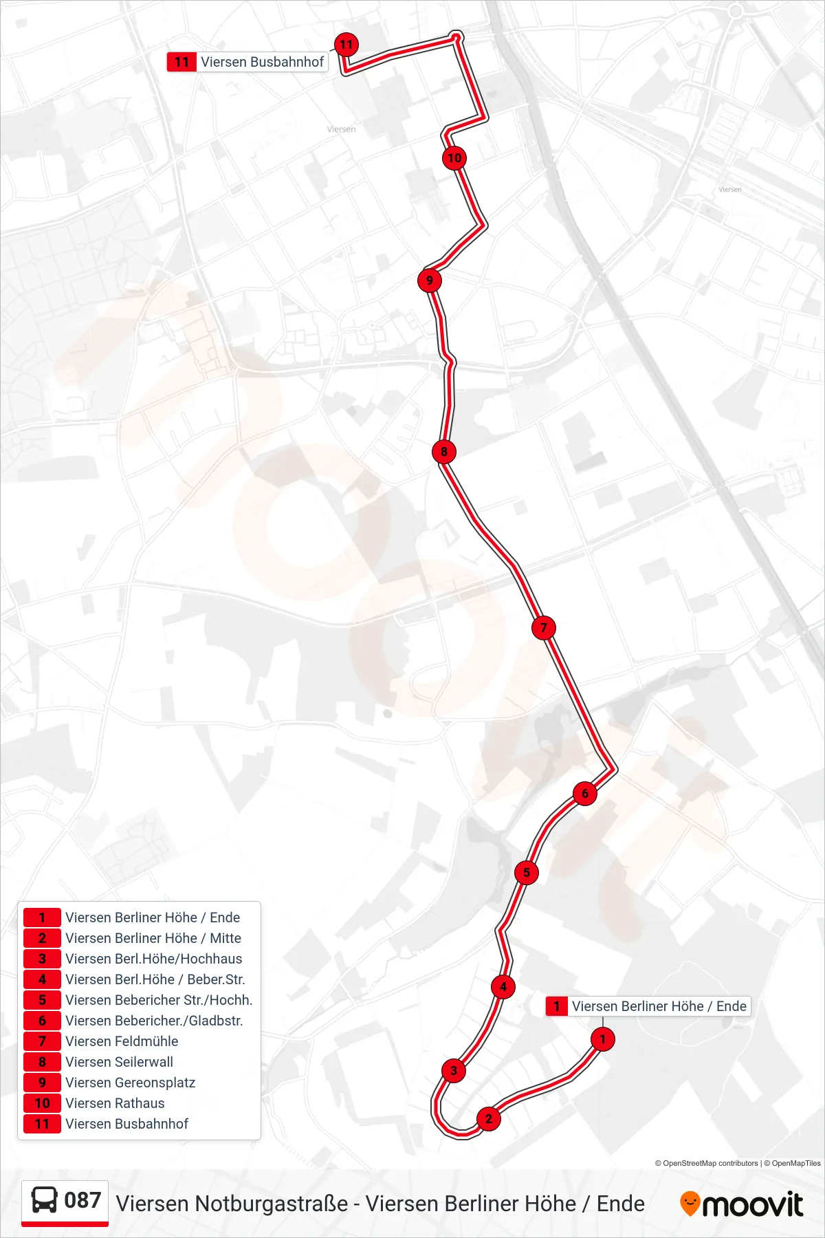 087 bus Line (Viersen Busbahnhof) route and stops on a map