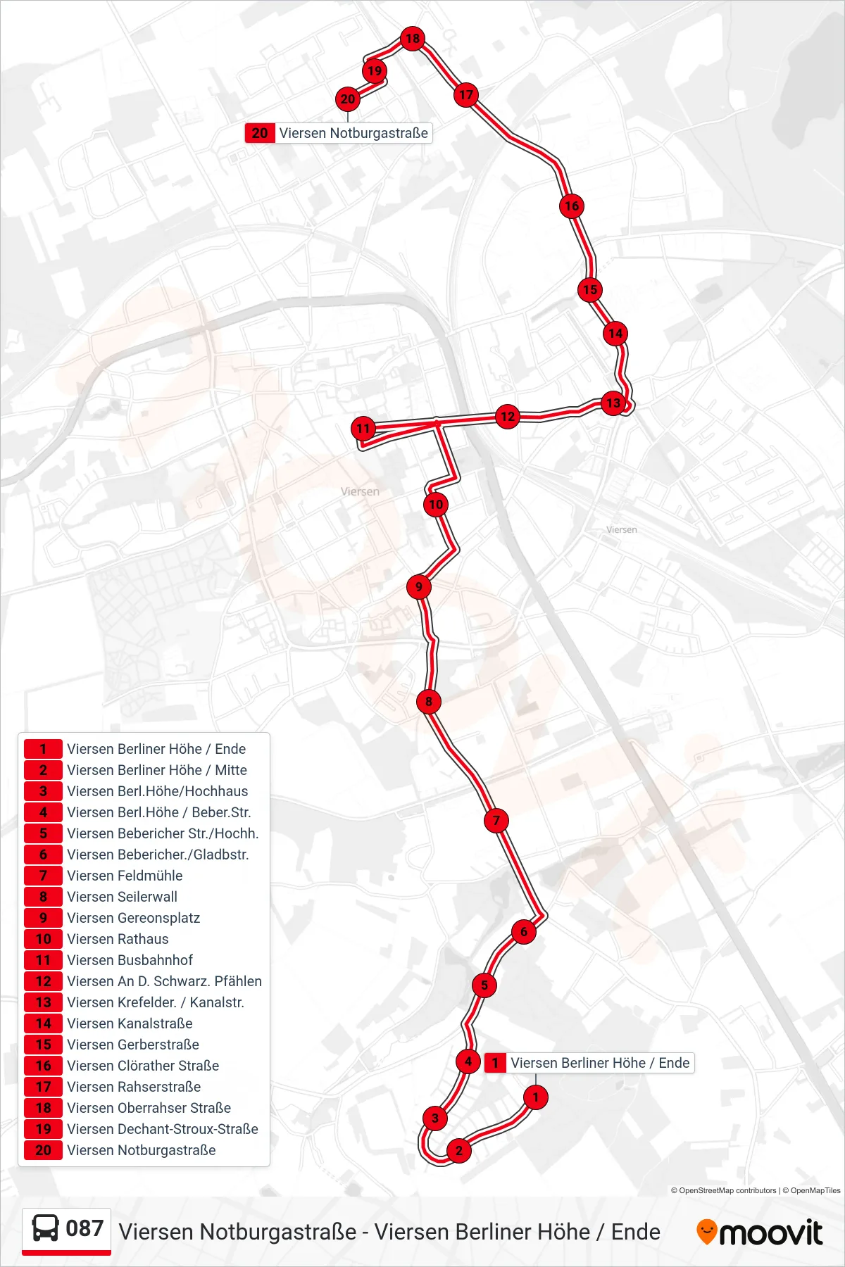 087 bus Line (Viersen Notburgastraße) route and stops on a map