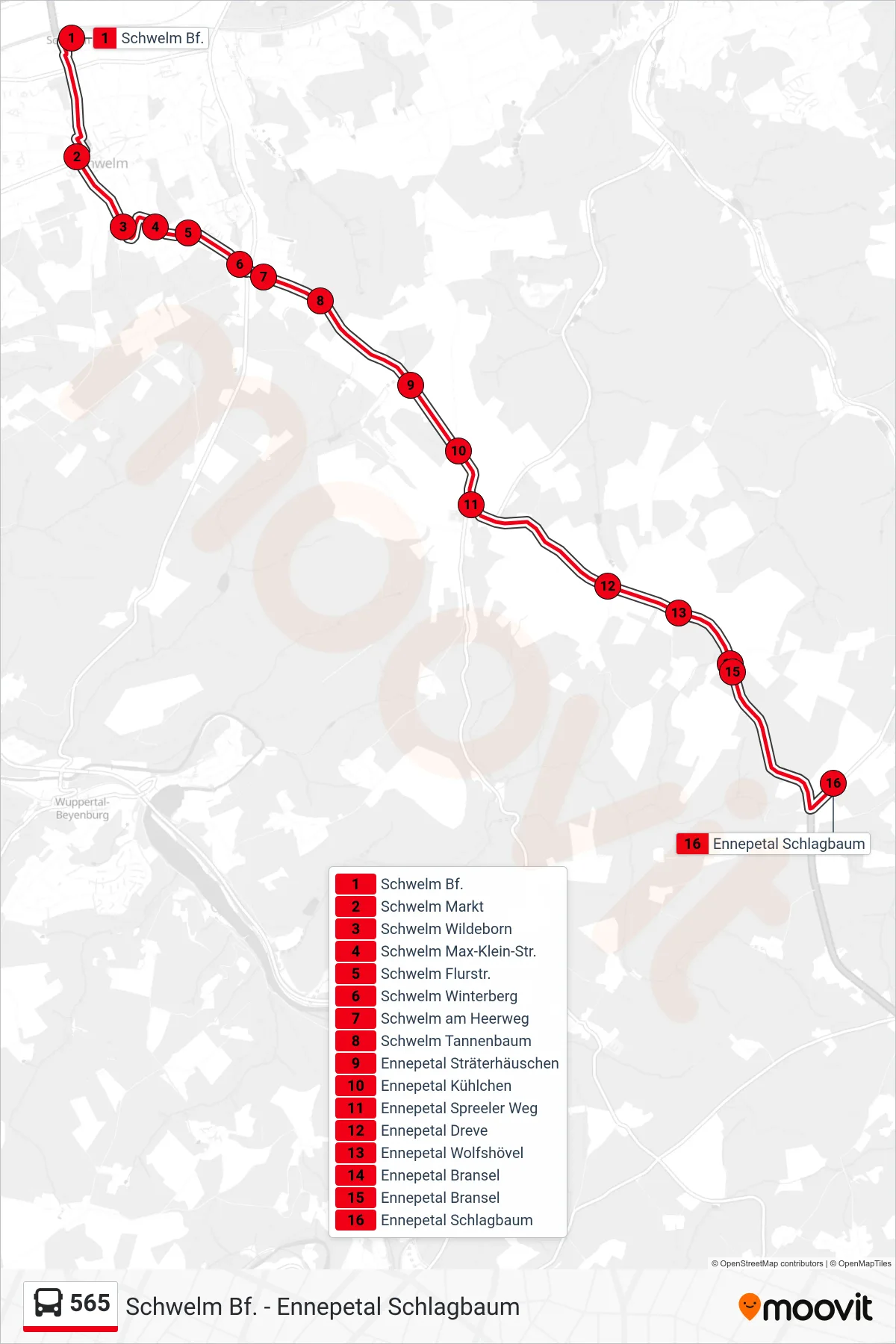 Linie 565 (Bus) Richtung Ennepetal Schlagbaum: Route und Haltestellen auf der Karte
