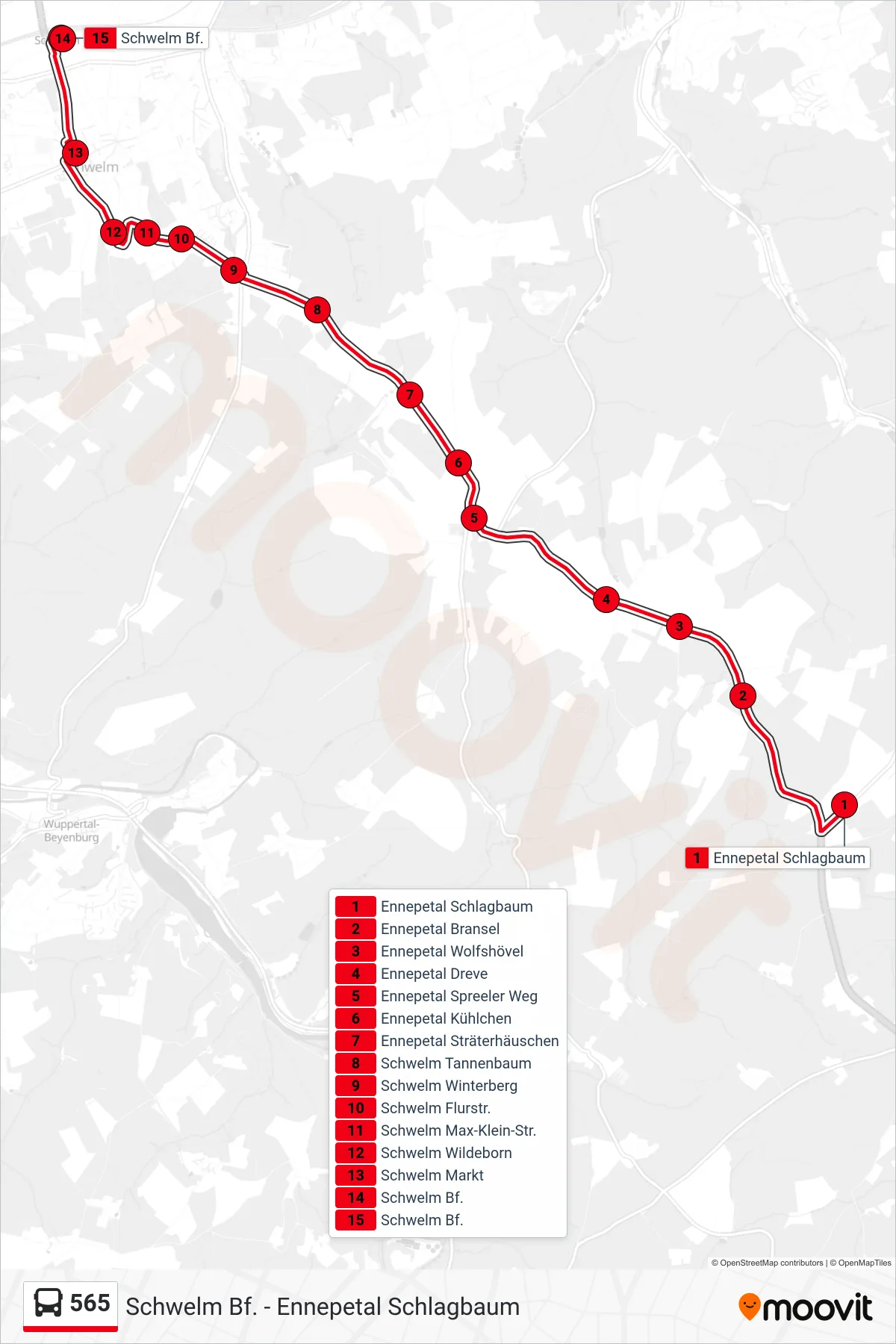 Linie 565 (Bus) Richtung Schwelm Bf.: Route und Haltestellen auf der Karte