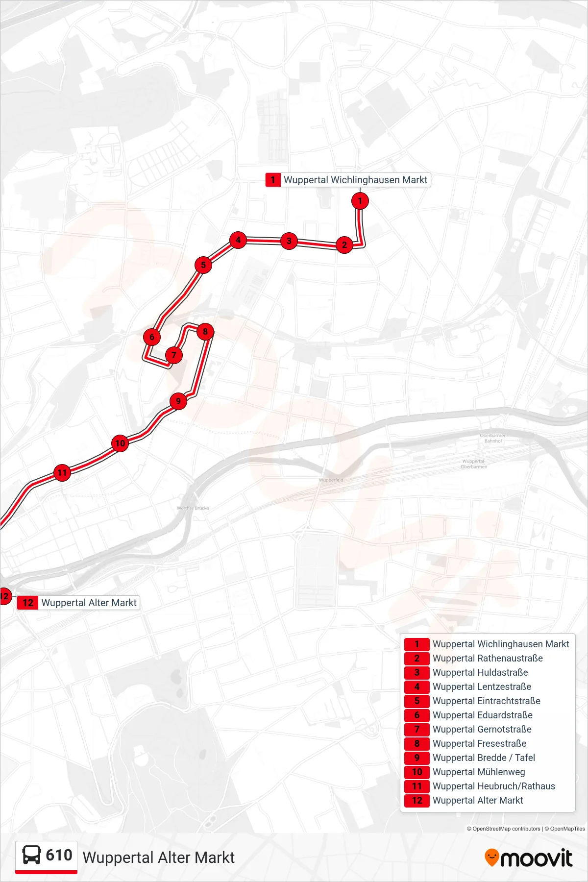 Linie 610 (Bus) Richtung Wuppertal Alter Markt: Route und Haltestellen auf der Karte