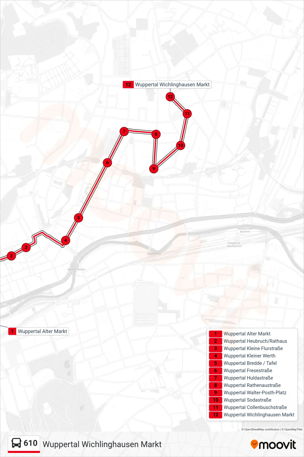 Linie 610 (Bus) Richtung Wuppertal Wichlinghausen Markt: Route und Haltestellen auf der Karte