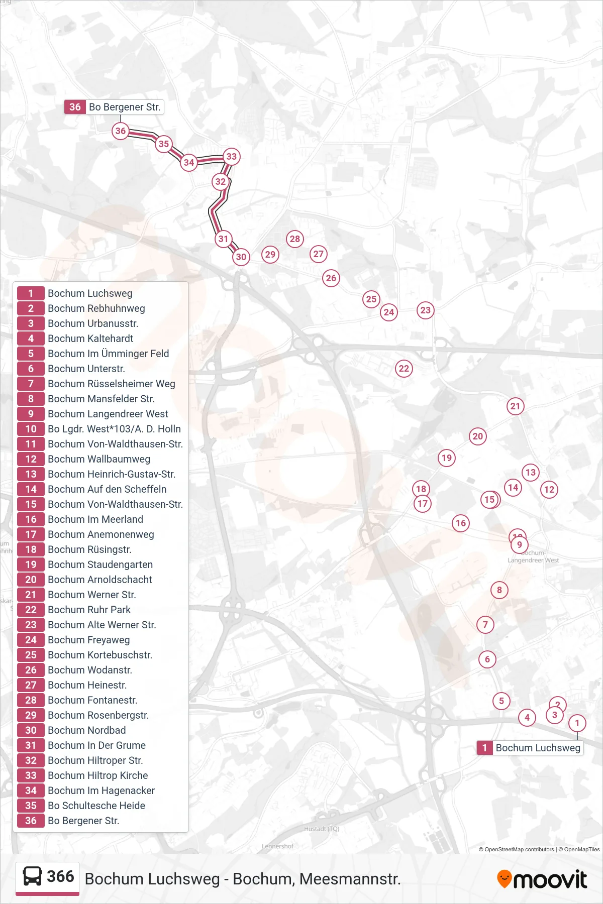 366 bus Line (Bo Bergener Str.) route and stops on a map