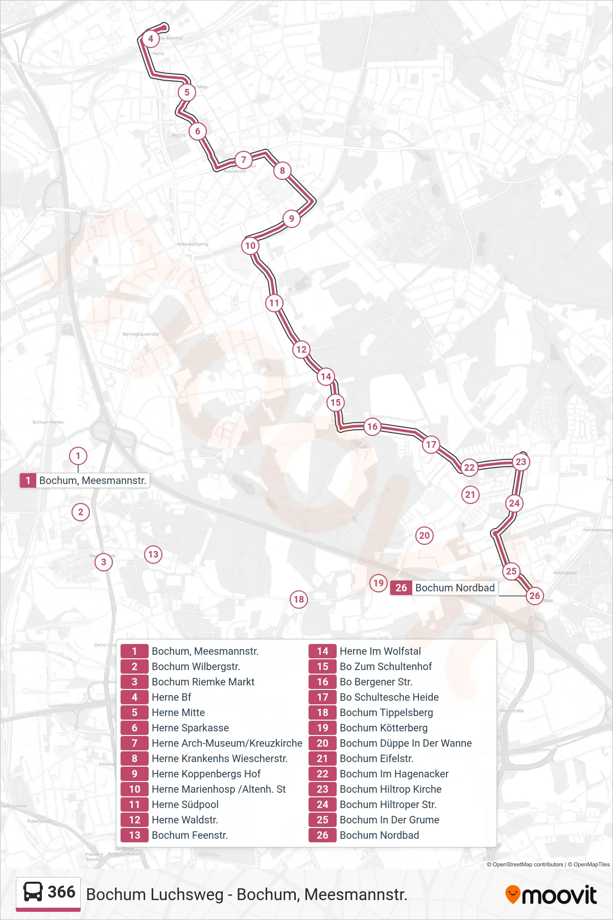 Linie 366 (Bus) Richtung Bochum Nordbad: Route und Haltestellen auf der Karte