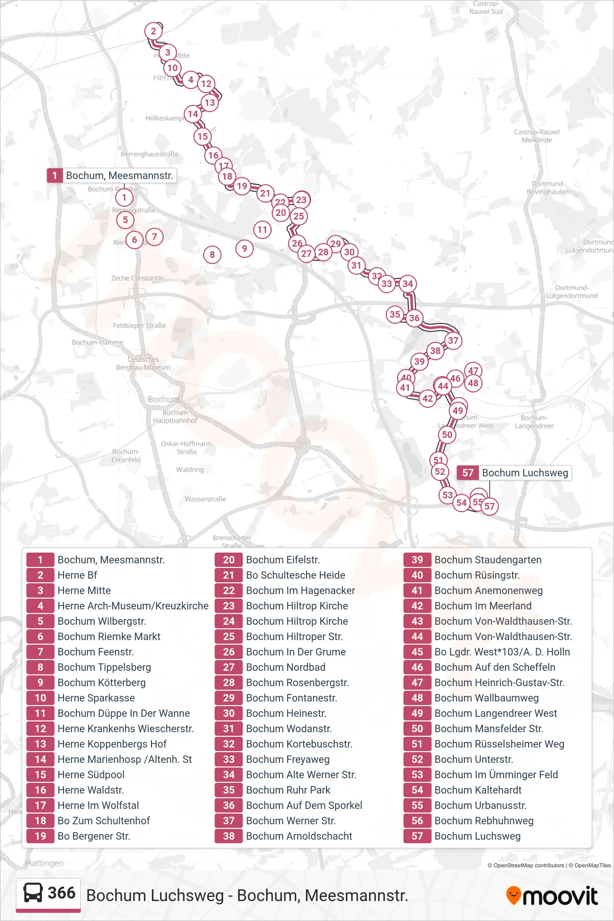 Linie 366 (Bus) Richtung Bochum Luchsweg: Route und Haltestellen auf der Karte