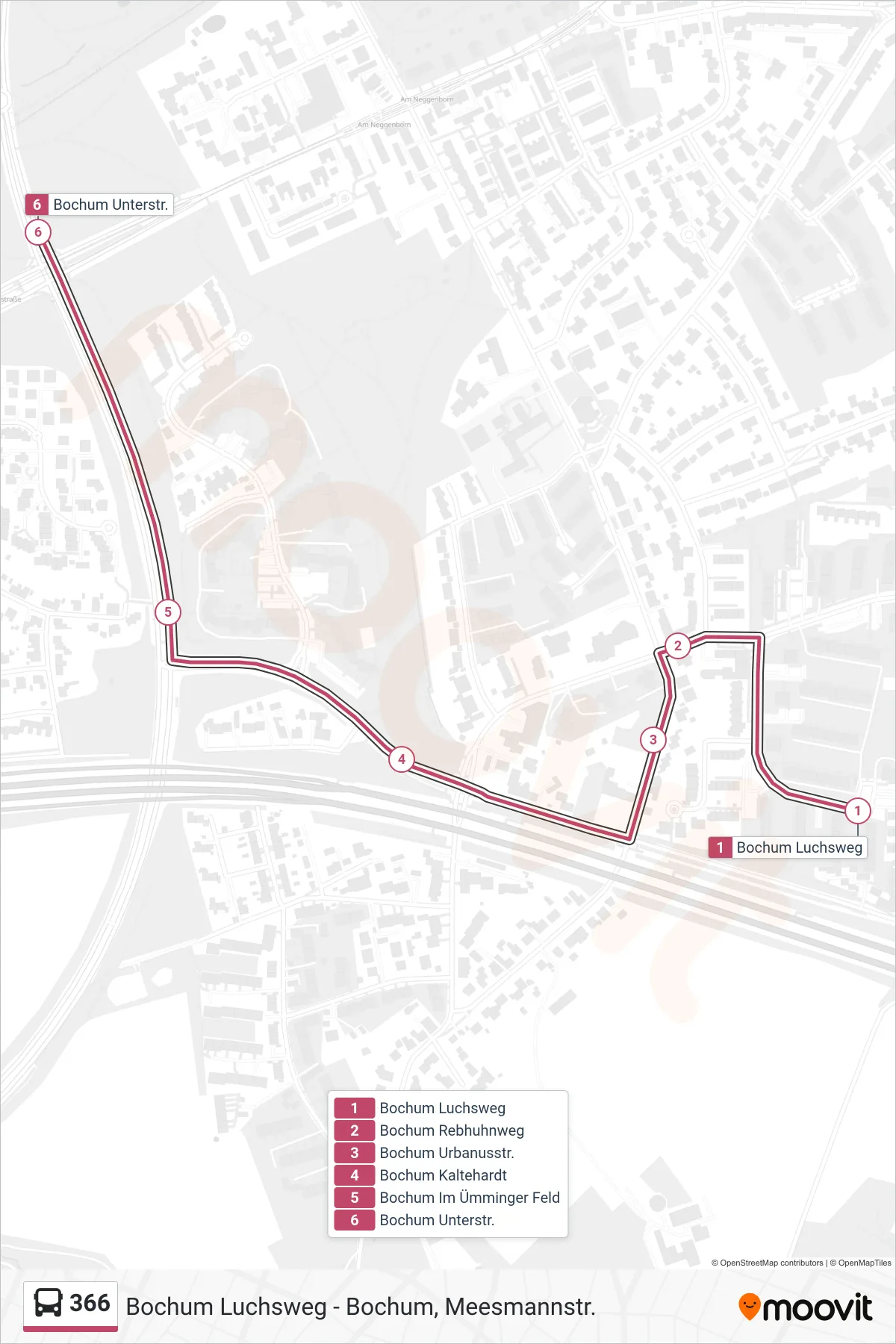 366 bus Line (Bochum Unterstr.) route and stops on a map