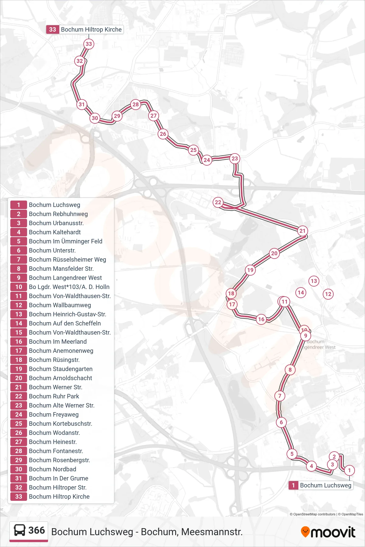 366 bus Line (Bochum Hiltrop Kirche) route and stops on a map