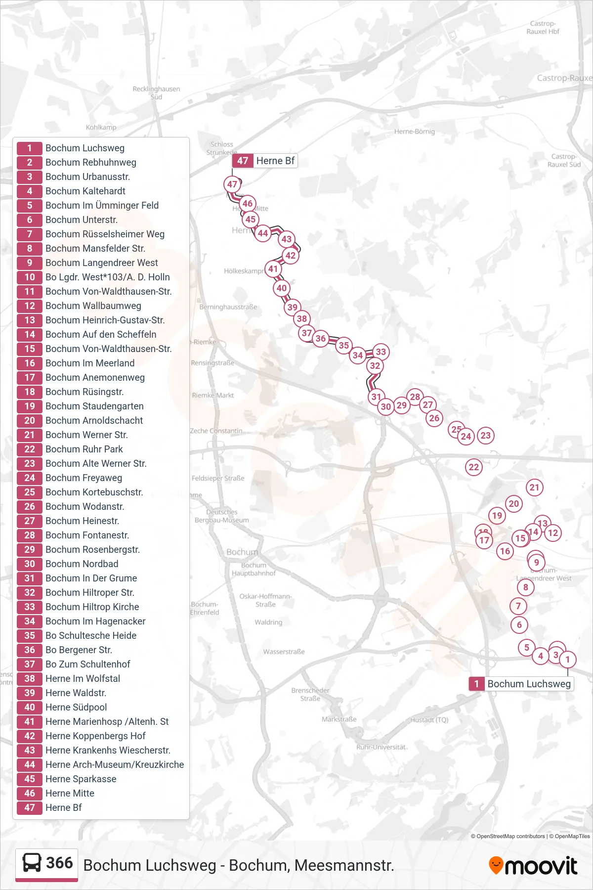 Linie 366 (Bus) Richtung Herne Bf: Route und Haltestellen auf der Karte