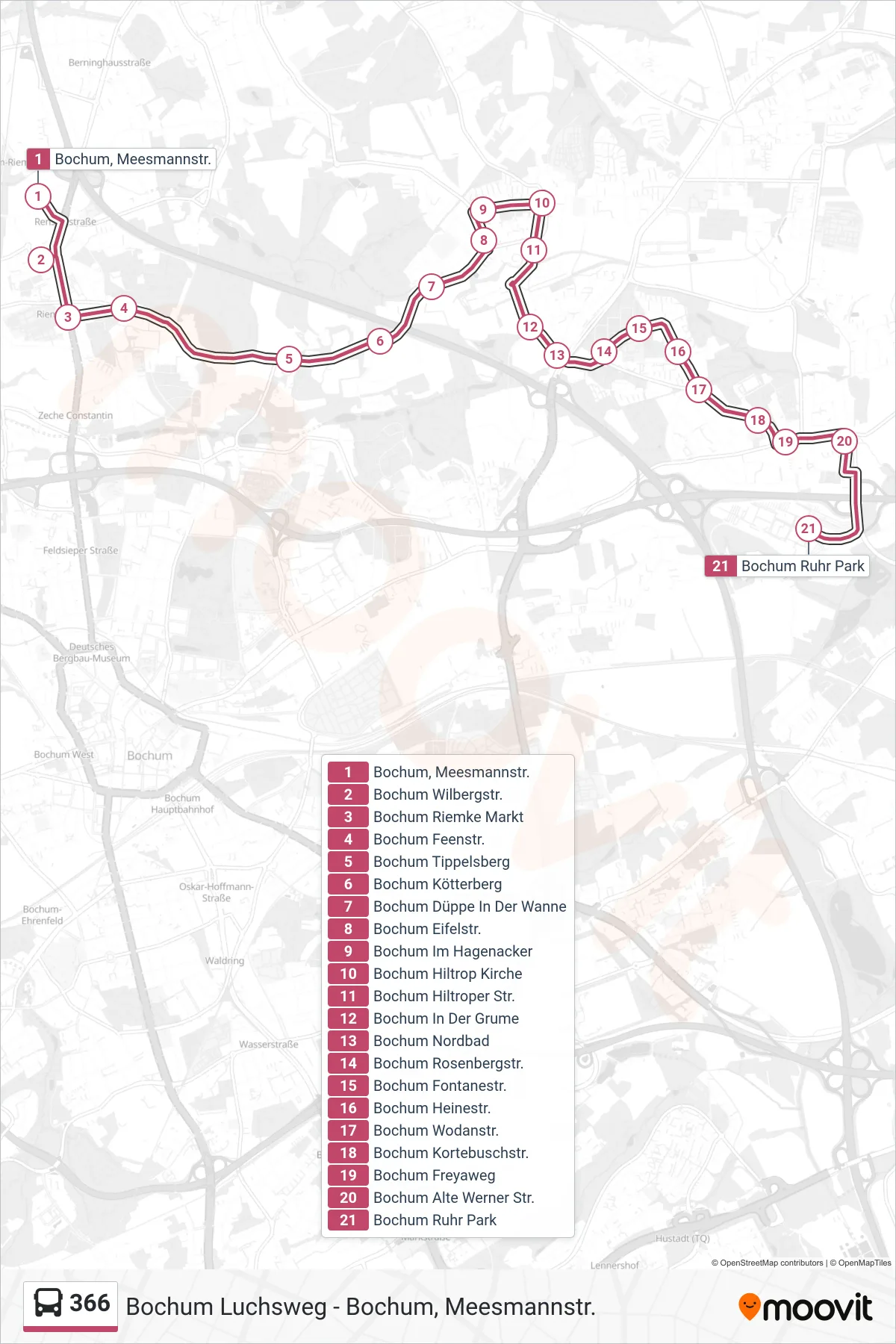 Linie 366 (Bus) Richtung Bochum Ruhr Park: Route und Haltestellen auf der Karte