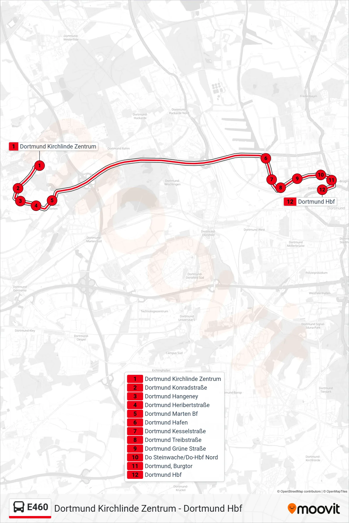 Linie E460 (Bus) Richtung Dortmund Hbf: Route und Haltestellen auf der Karte