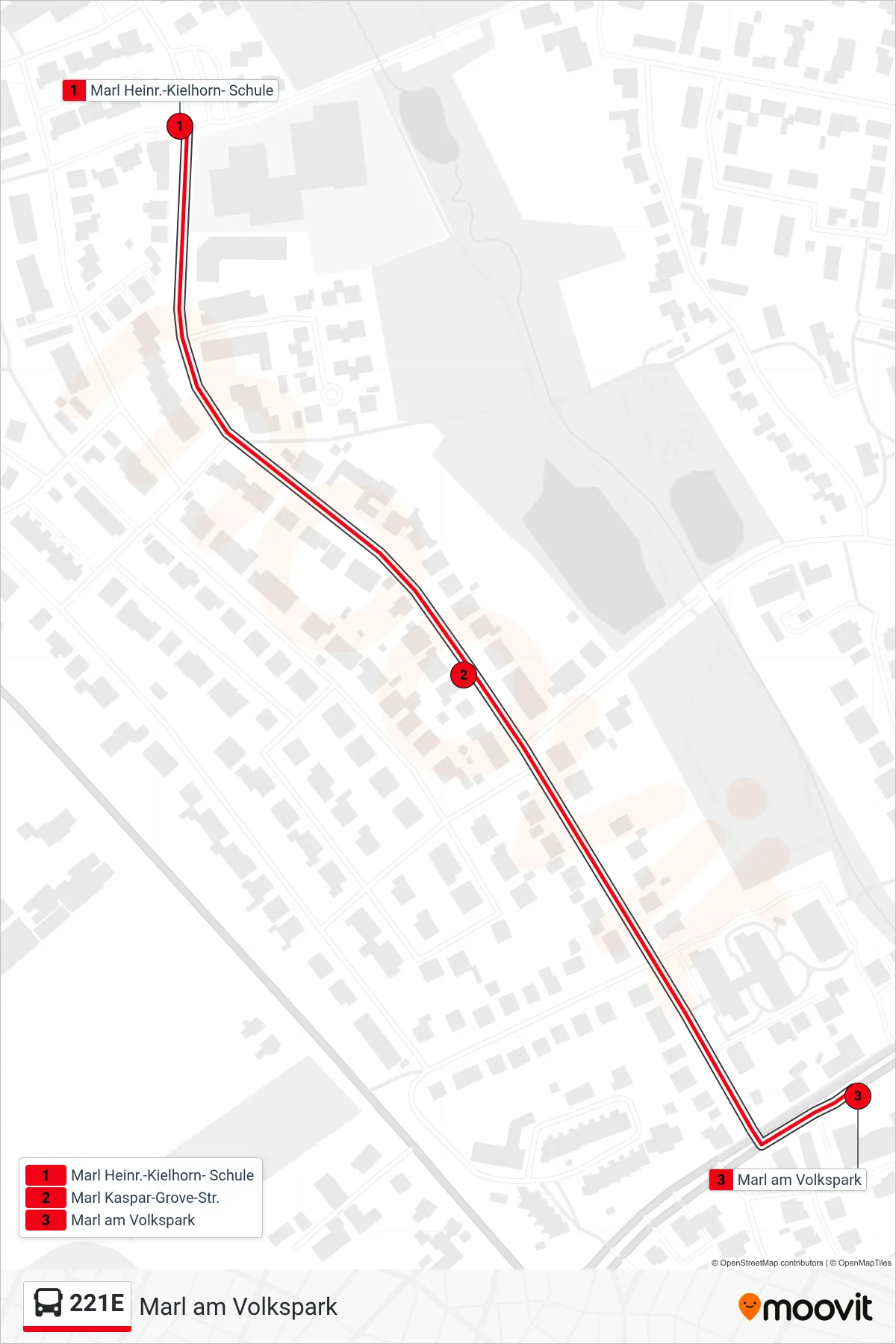 Linie 221E (Bus) Richtung Marl am Volkspark: Route und Haltestellen auf der Karte