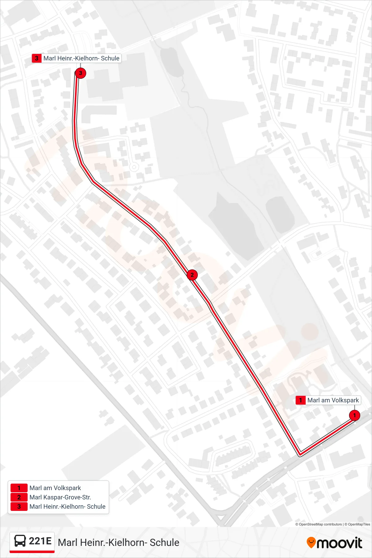Linie 221E (Bus) Richtung Marl Heinr.-Kielhorn- Schule: Route und Haltestellen auf der Karte