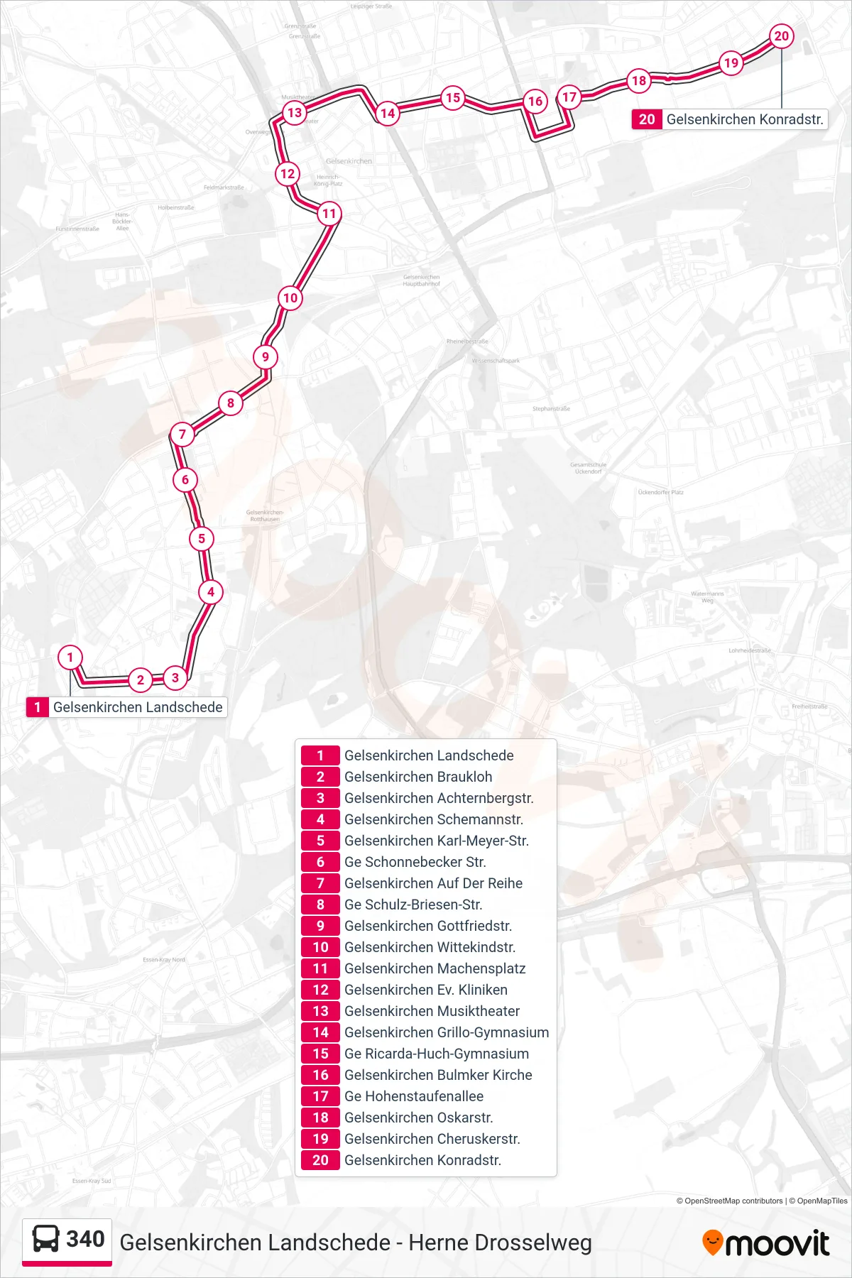 Linie 340 (Bus) Richtung Gelsenkirchen Konradstr.: Route und Haltestellen auf der Karte