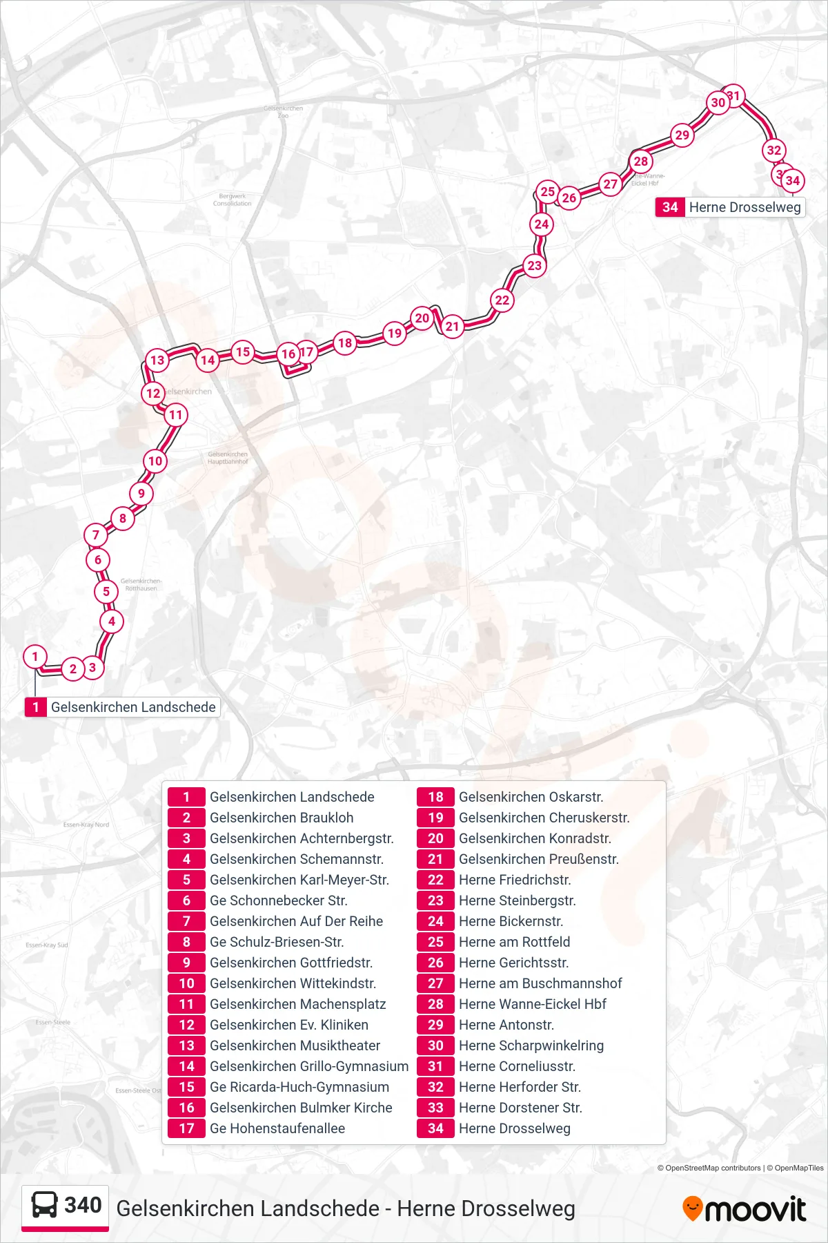 Linie 340 (Bus) Richtung Herne Drosselweg: Route und Haltestellen auf der Karte