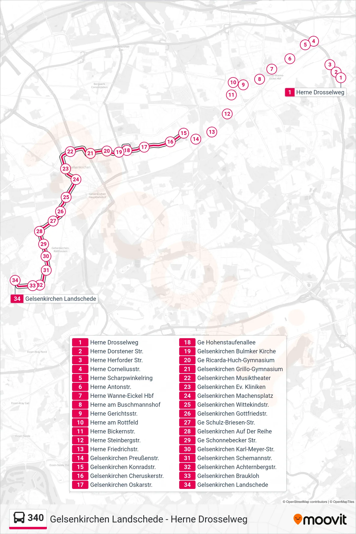 Linie 340 (Bus) Richtung Gelsenkirchen Landschede: Route und Haltestellen auf der Karte