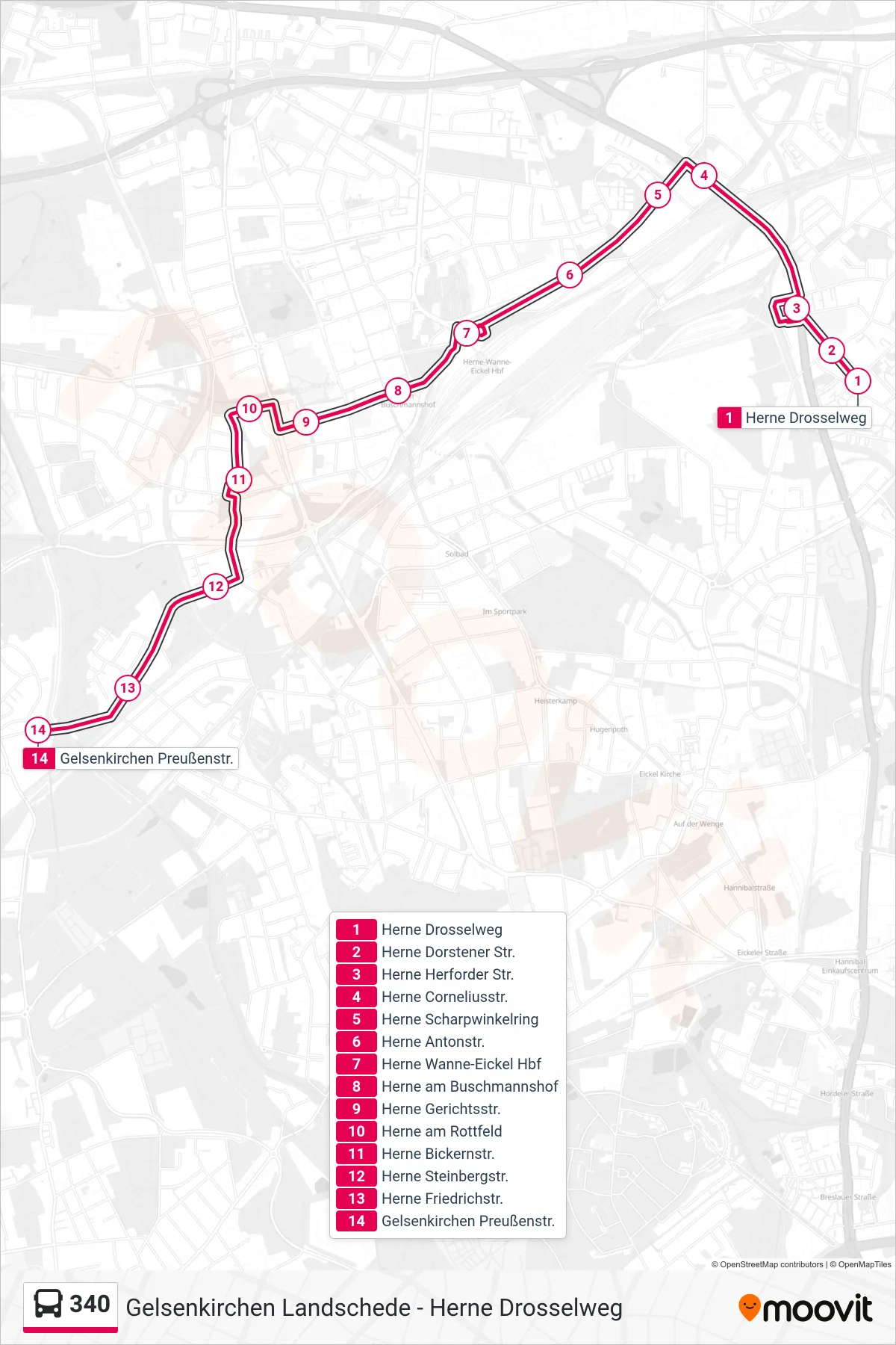 340 bus Line (Gelsenkirchen Preußenstr.) route and stops on a map