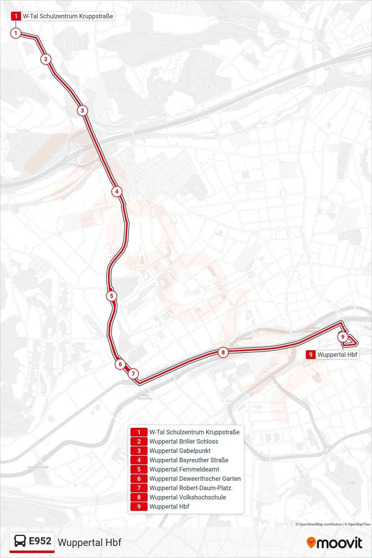 Linie E952 (Bus) Richtung Wuppertal Hbf: Route und Haltestellen auf der Karte