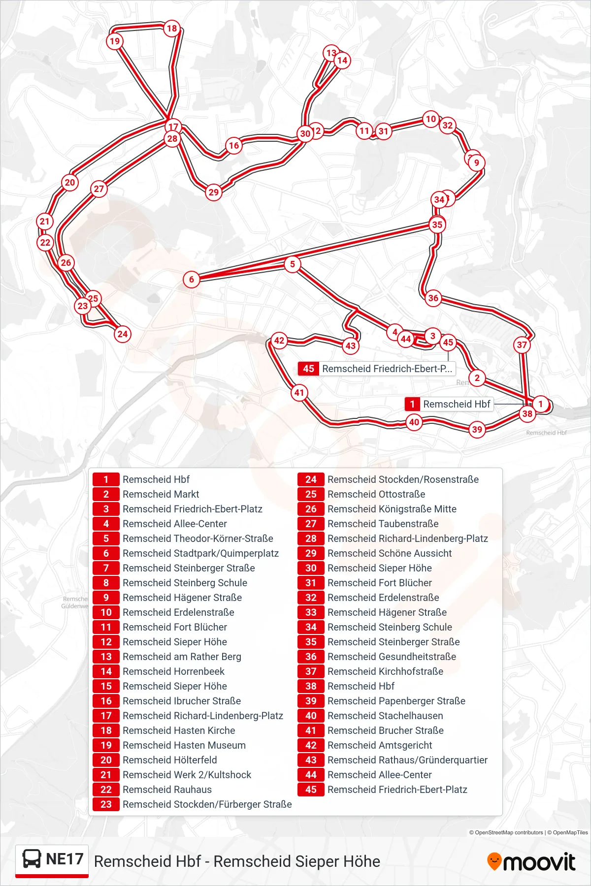 NE17 bus Line (Remscheid Friedrich-Ebert-Platz) route and stops on a map