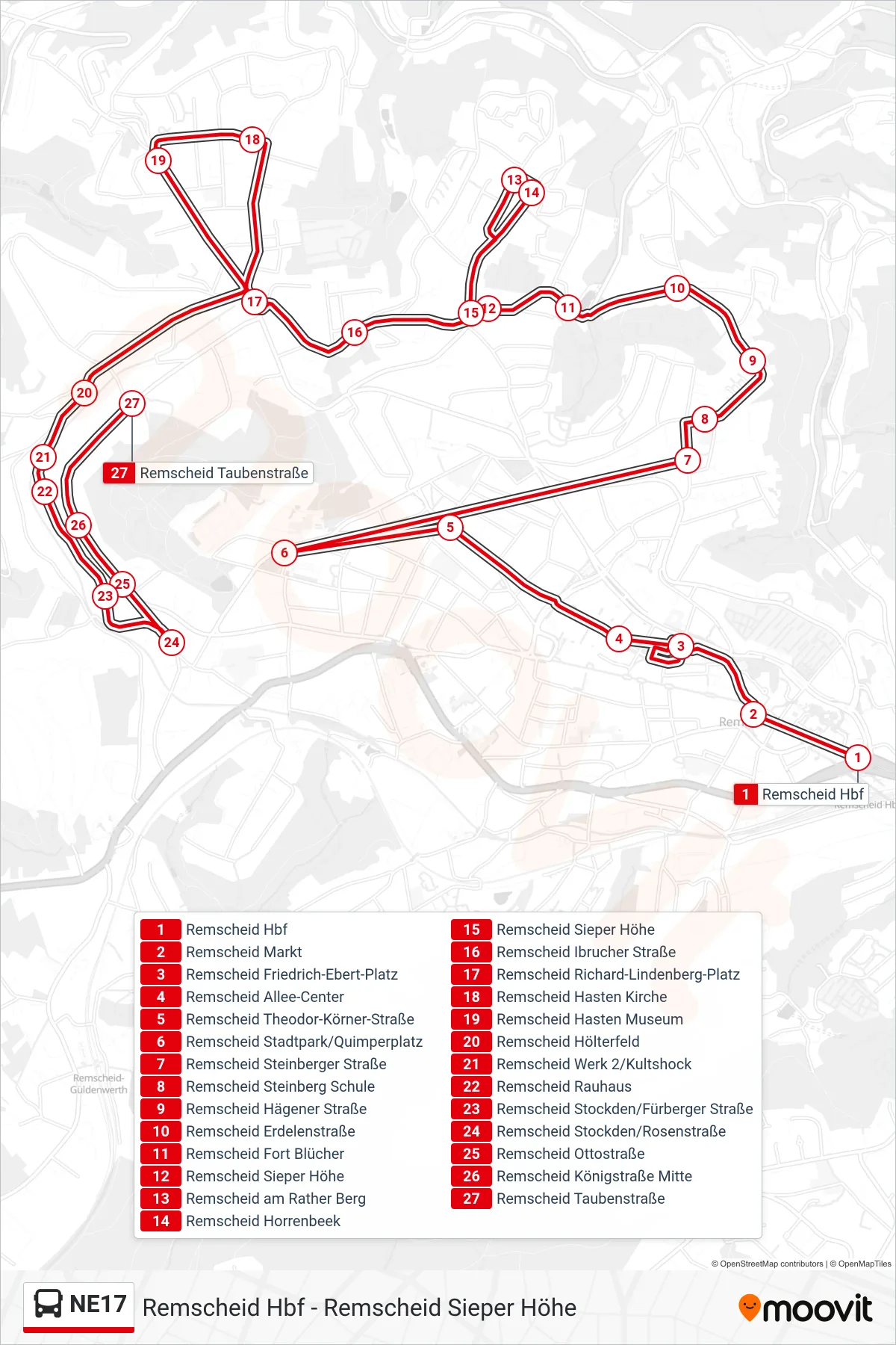 Linie NE17 (Bus) Richtung Remscheid Taubenstraße: Route und Haltestellen auf der Karte