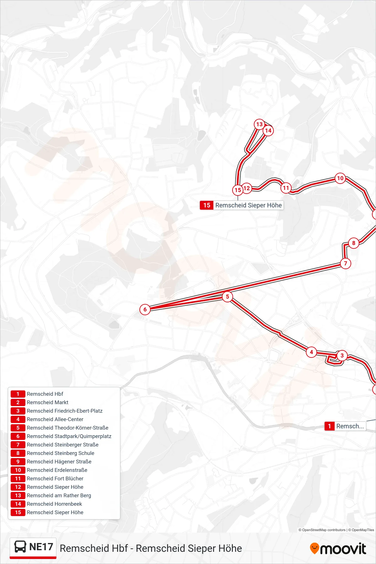 NE17 bus Line (Remscheid Sieper Höhe) route and stops on a map