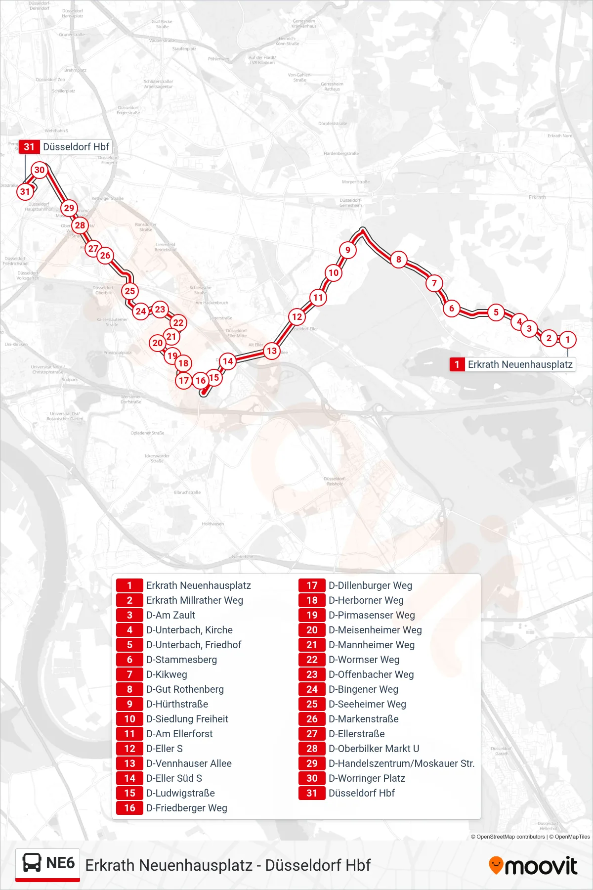 Linie NE6 (Bus) Richtung Düsseldorf Hbf: Route und Haltestellen auf der Karte
