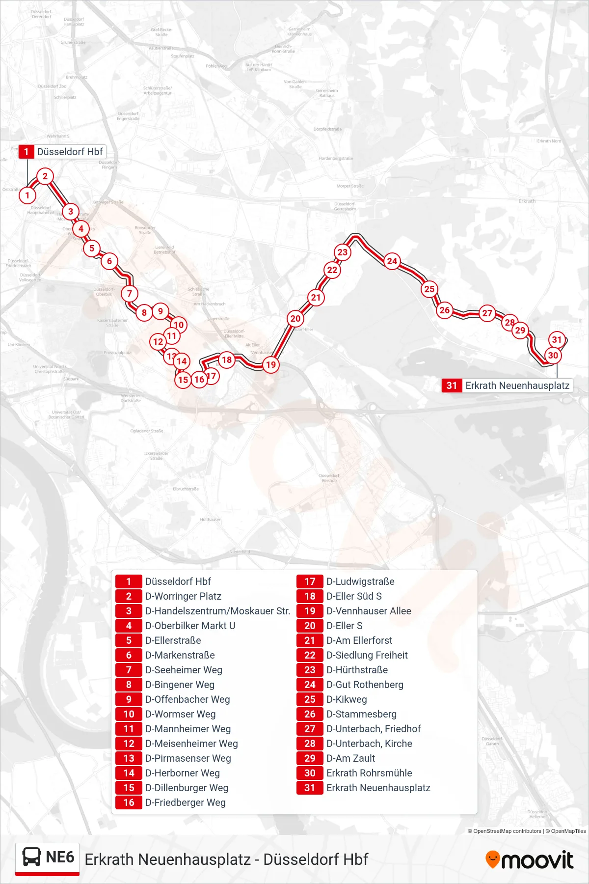 Linie NE6 (Bus) Richtung Erkrath Neuenhausplatz: Route und Haltestellen auf der Karte