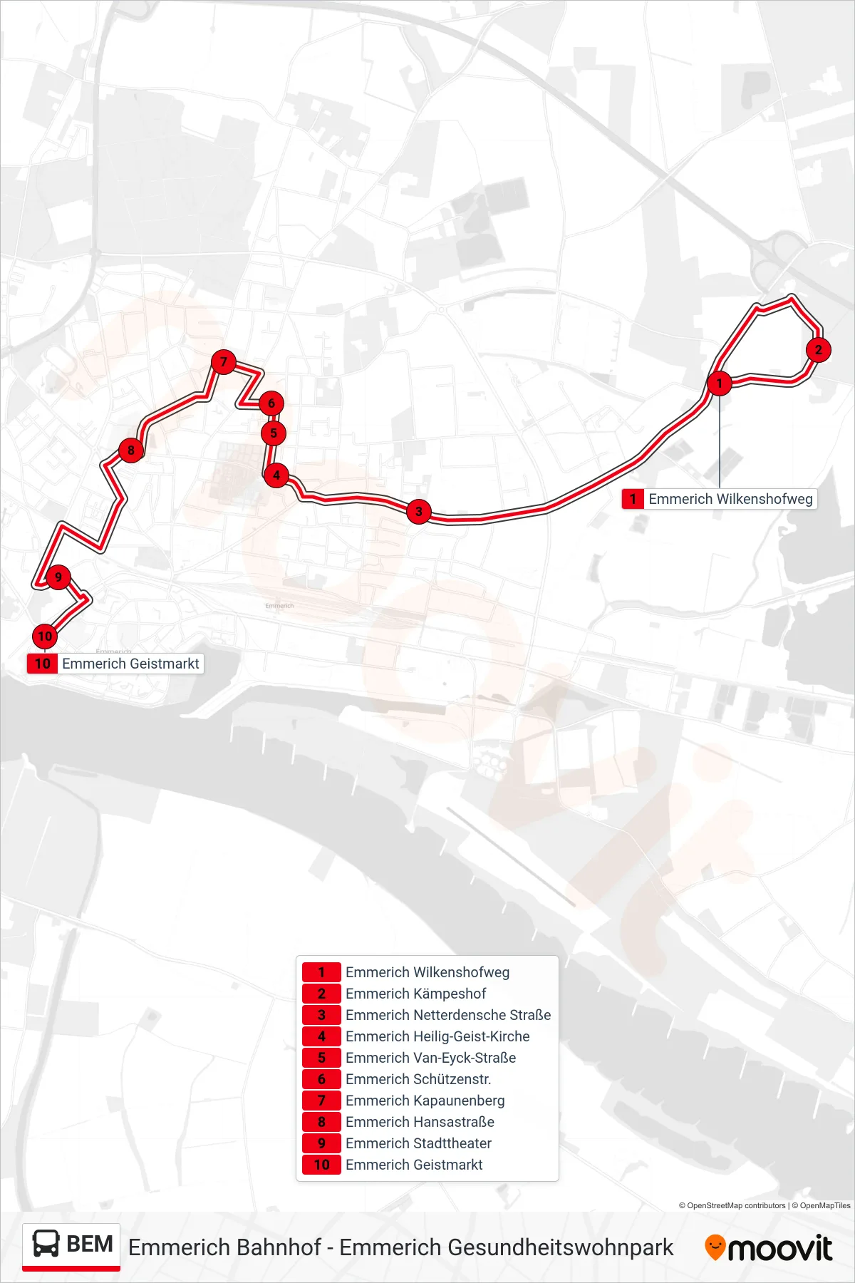 Linie BEM (Bus) Richtung Emmerich Geistmarkt: Route und Haltestellen auf der Karte