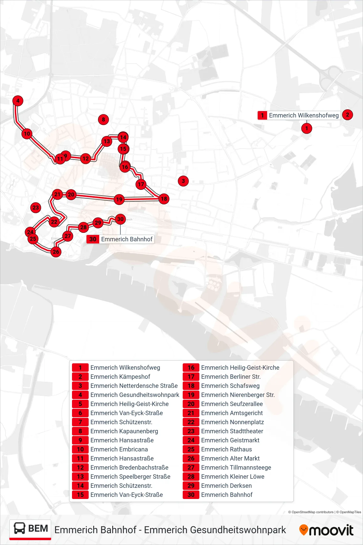 BEM bus Line (Emmerich Bahnhof) route and stops on a map