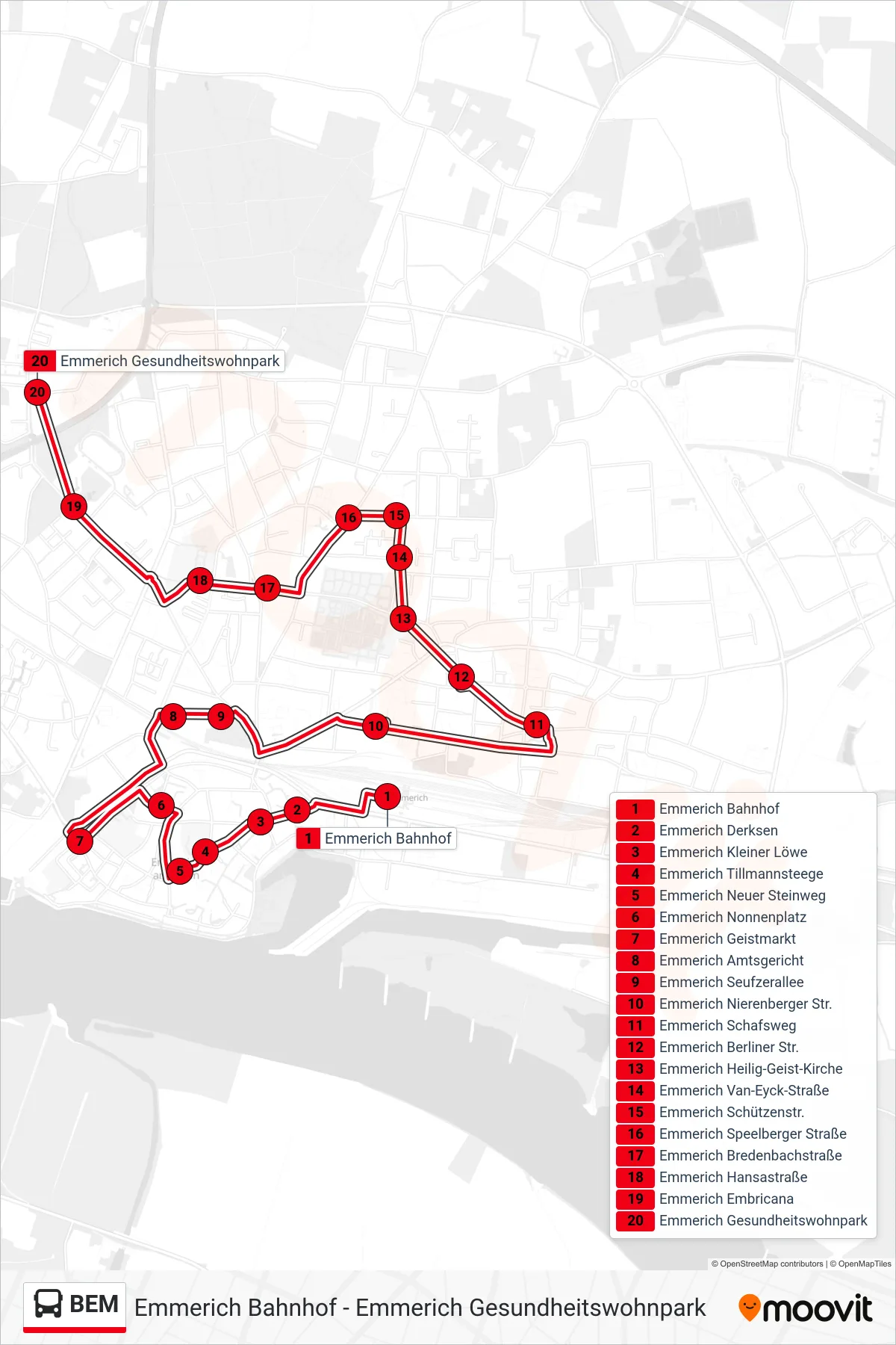 Linie BEM (Bus) Richtung Emmerich Gesundheitswohnpark: Route und Haltestellen auf der Karte