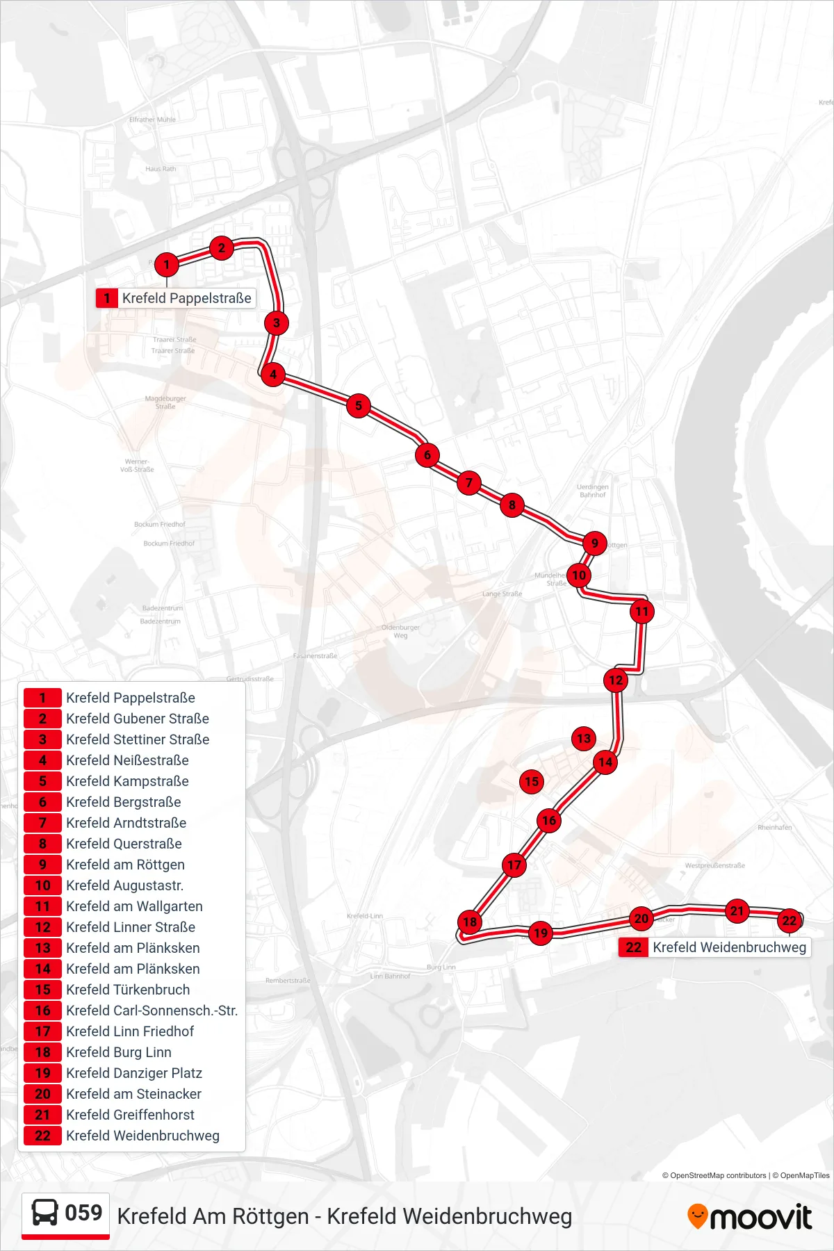 Linie 059 (Bus) Richtung Krefeld Weidenbruchweg: Route und Haltestellen auf der Karte