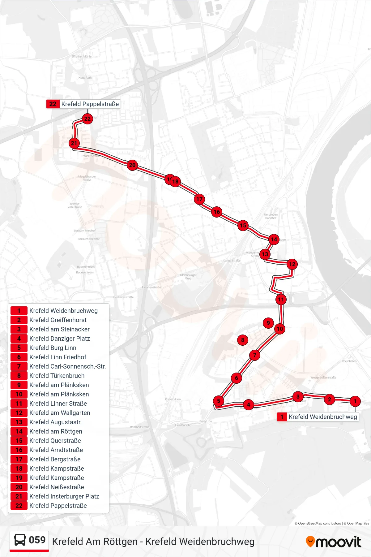 Linie 059 (Bus) Richtung Krefeld Pappelstraße: Route und Haltestellen auf der Karte