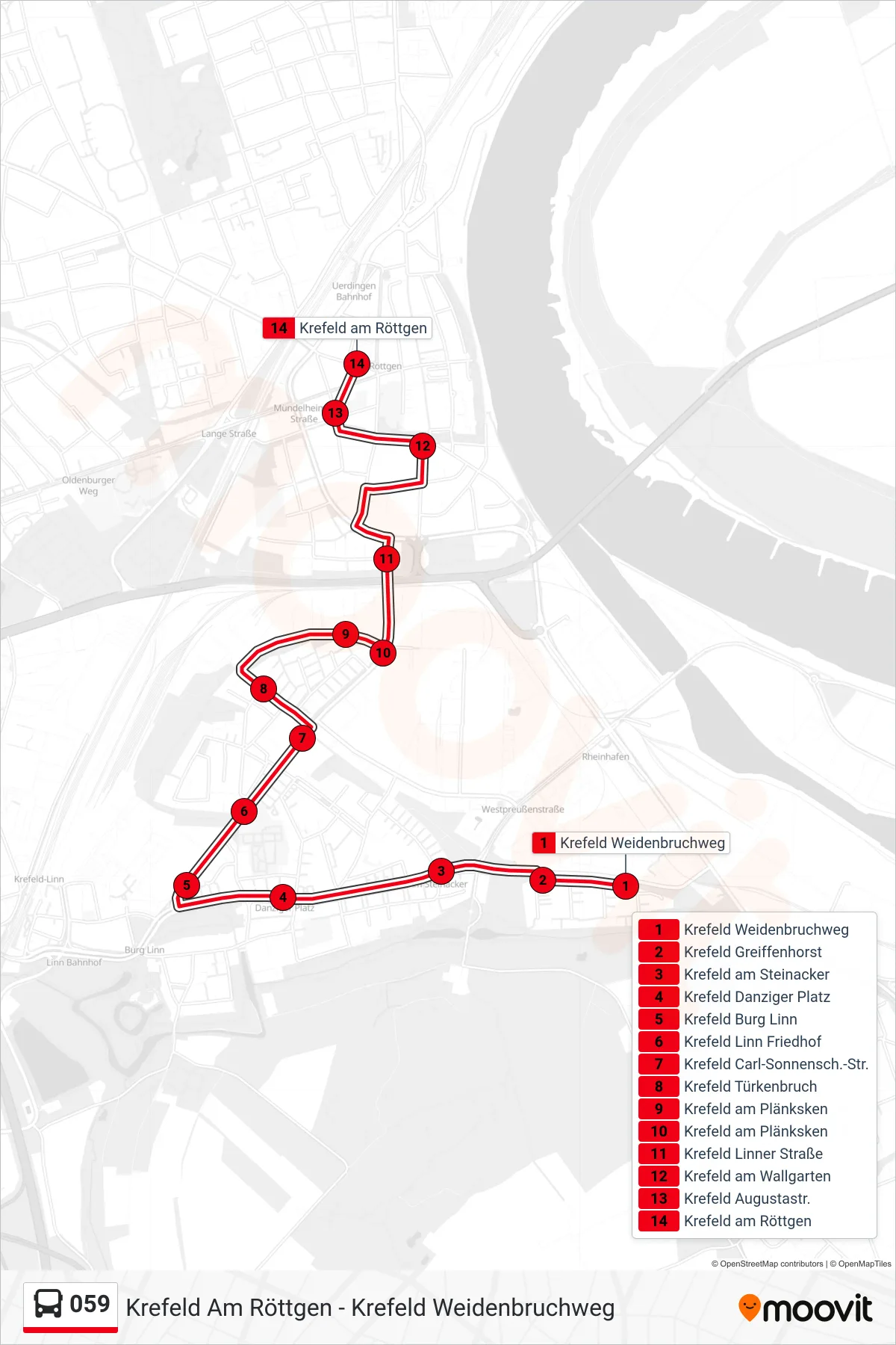 Linie 059 (Bus) Richtung Krefeld am Röttgen: Route und Haltestellen auf der Karte
