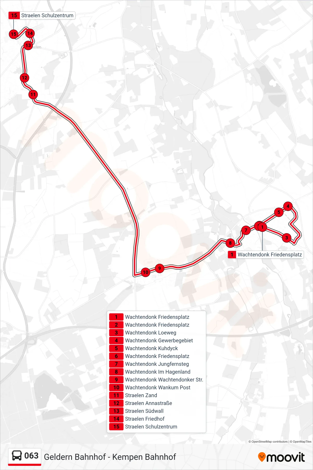 063 bus Line (Straelen Schulzentrum) route and stops on a map