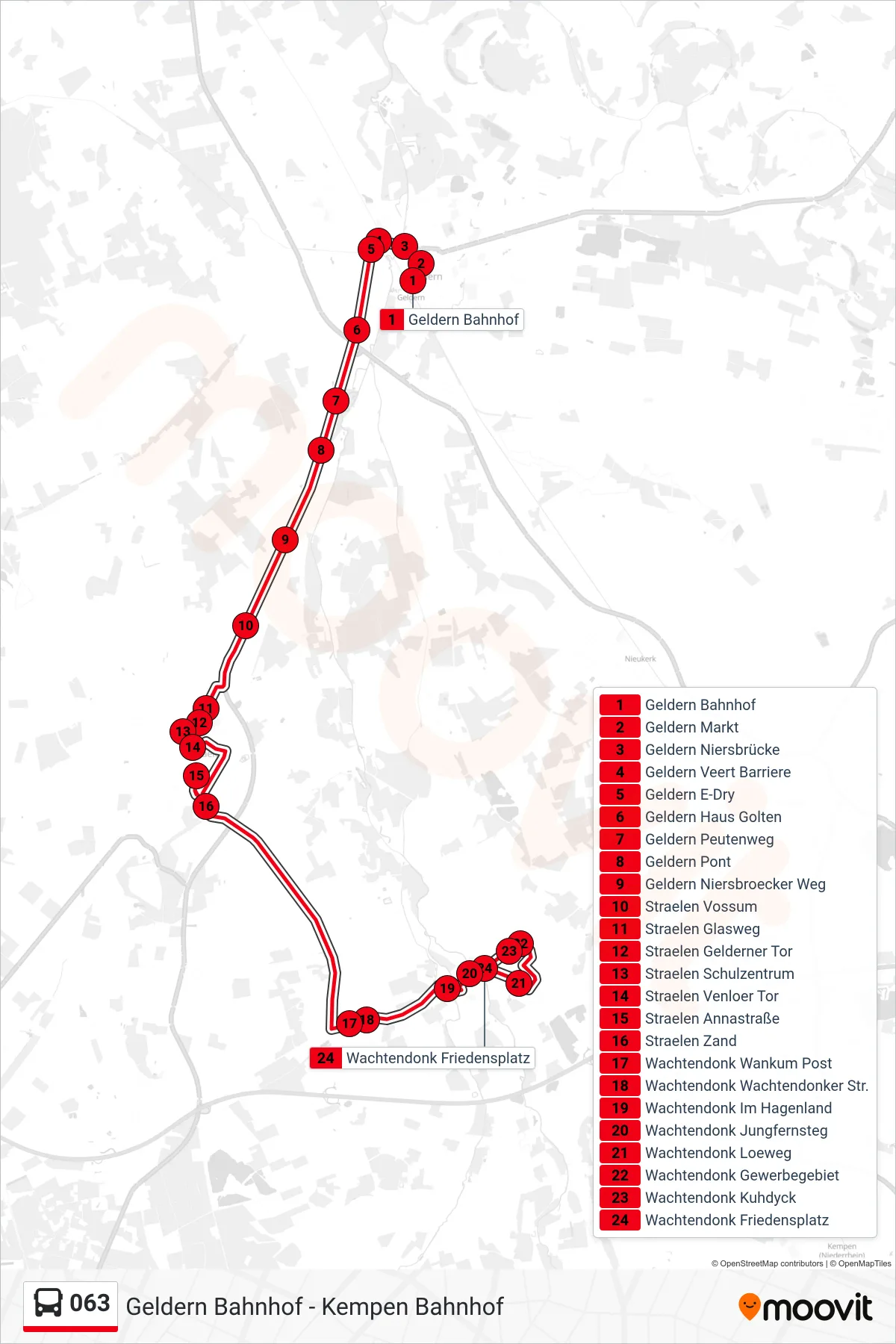 Linie 063 (Bus) Richtung Wachtendonk Friedensplatz: Route und Haltestellen auf der Karte