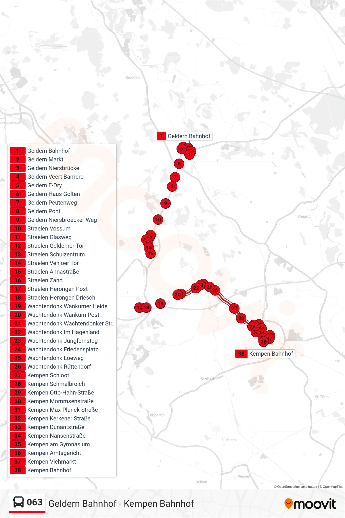 Linie 063 (Bus) Richtung Kempen Bahnhof: Route und Haltestellen auf der Karte