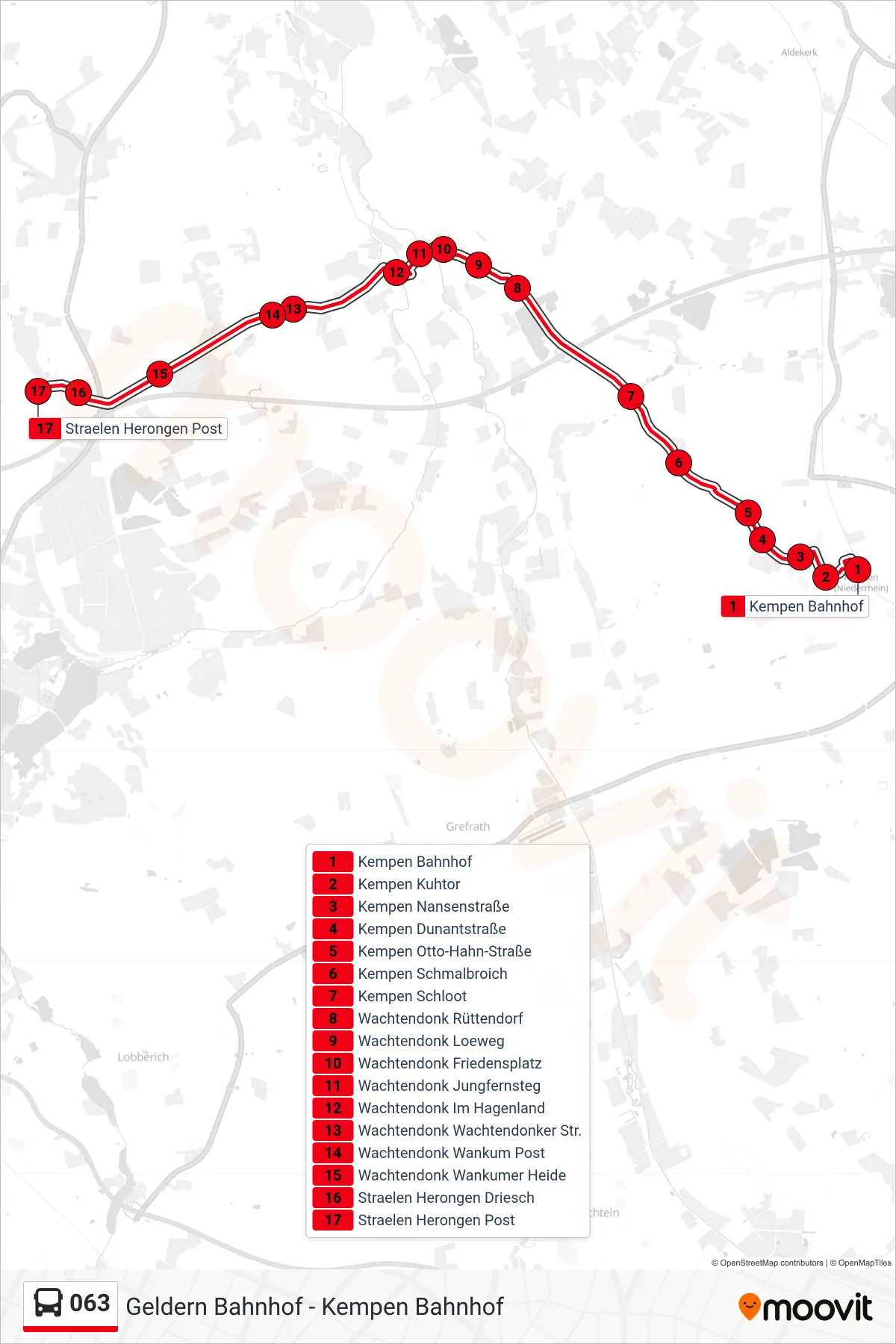 Linie 063 (Bus) Richtung Straelen Herongen Post: Route und Haltestellen auf der Karte