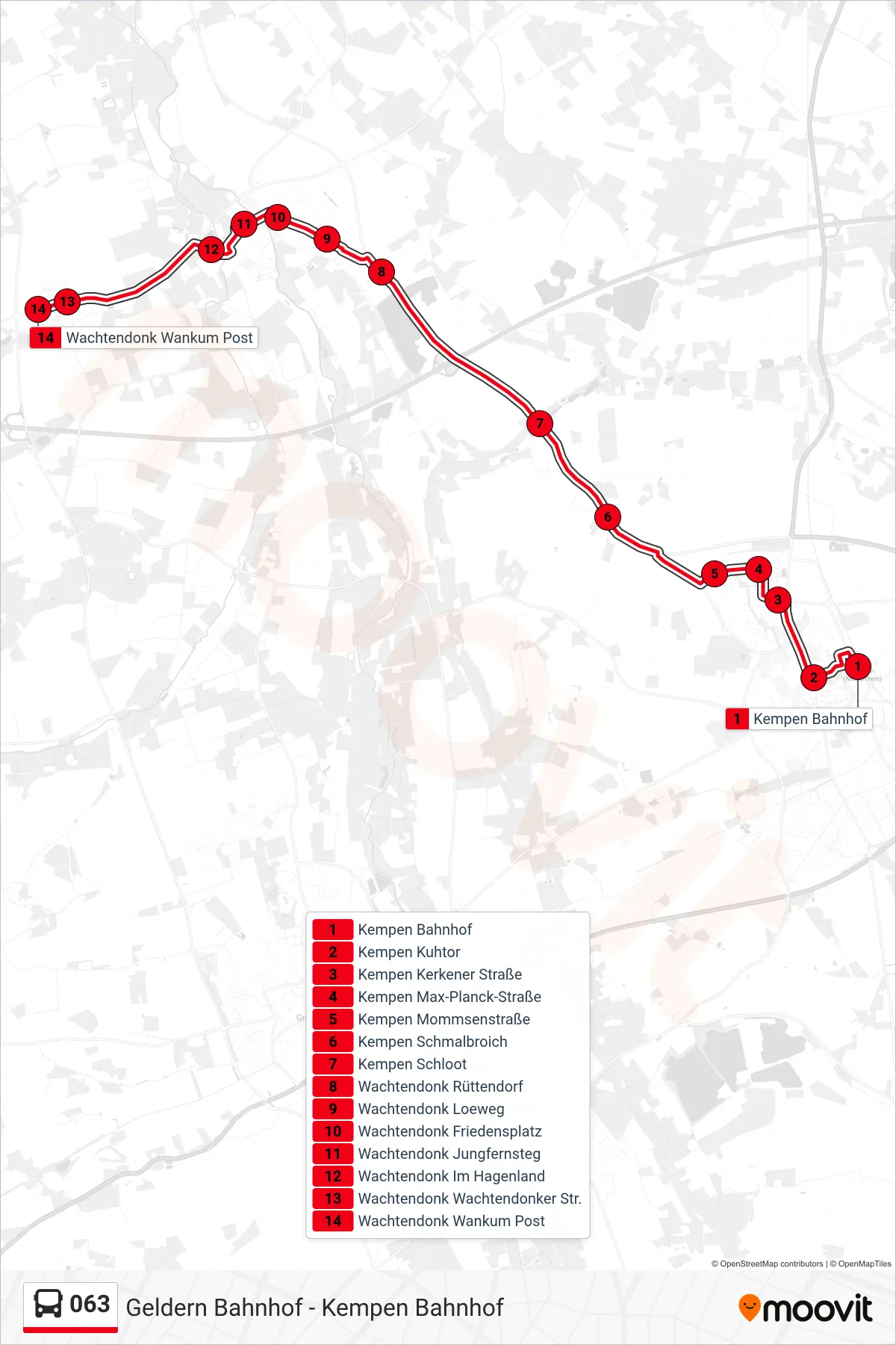 Linie 063 (Bus) Richtung Wachtendonk Wankum Post: Route und Haltestellen auf der Karte