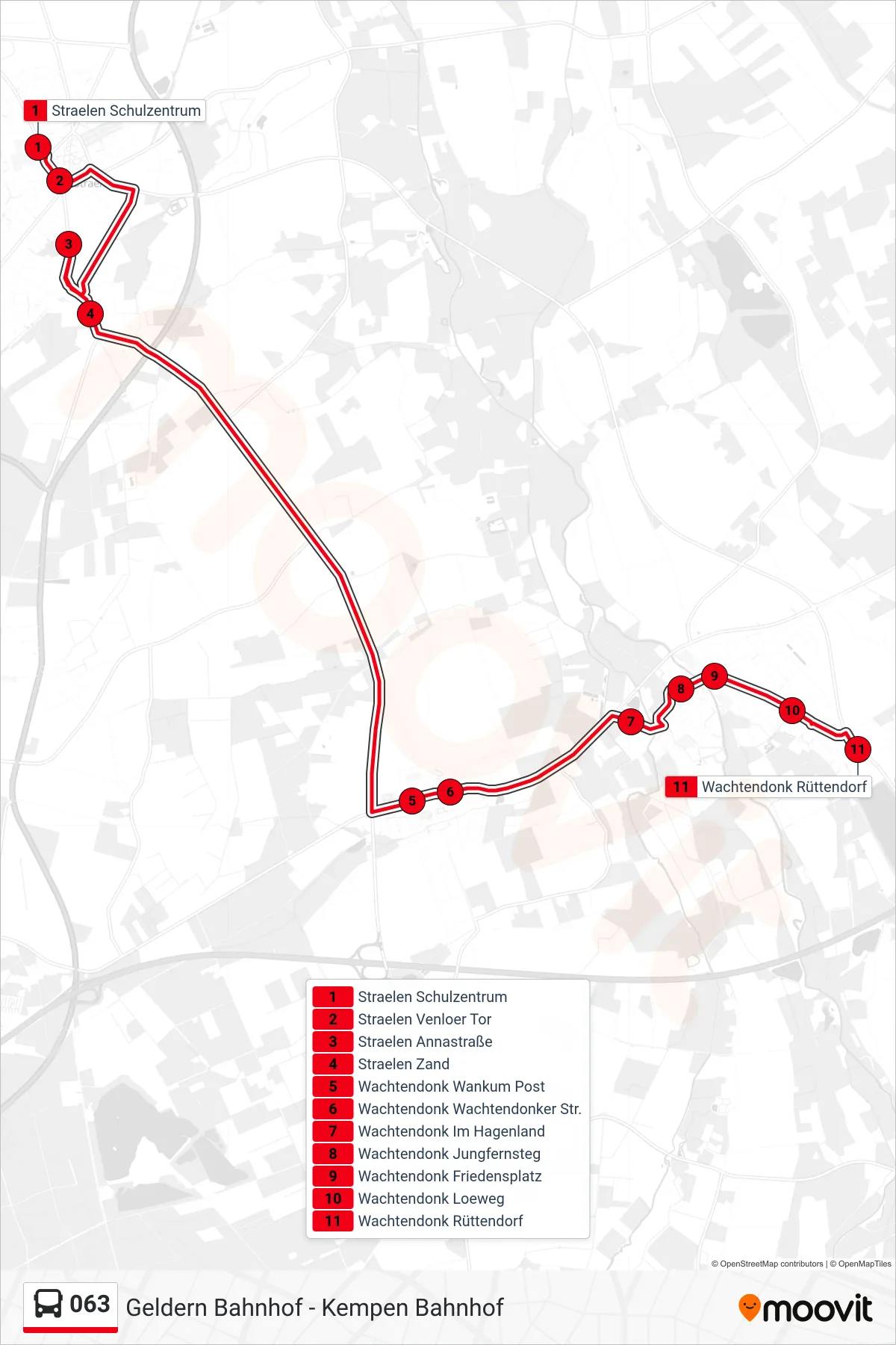 Linie 063 (Bus) Richtung Wachtendonk Rüttendorf: Route und Haltestellen auf der Karte