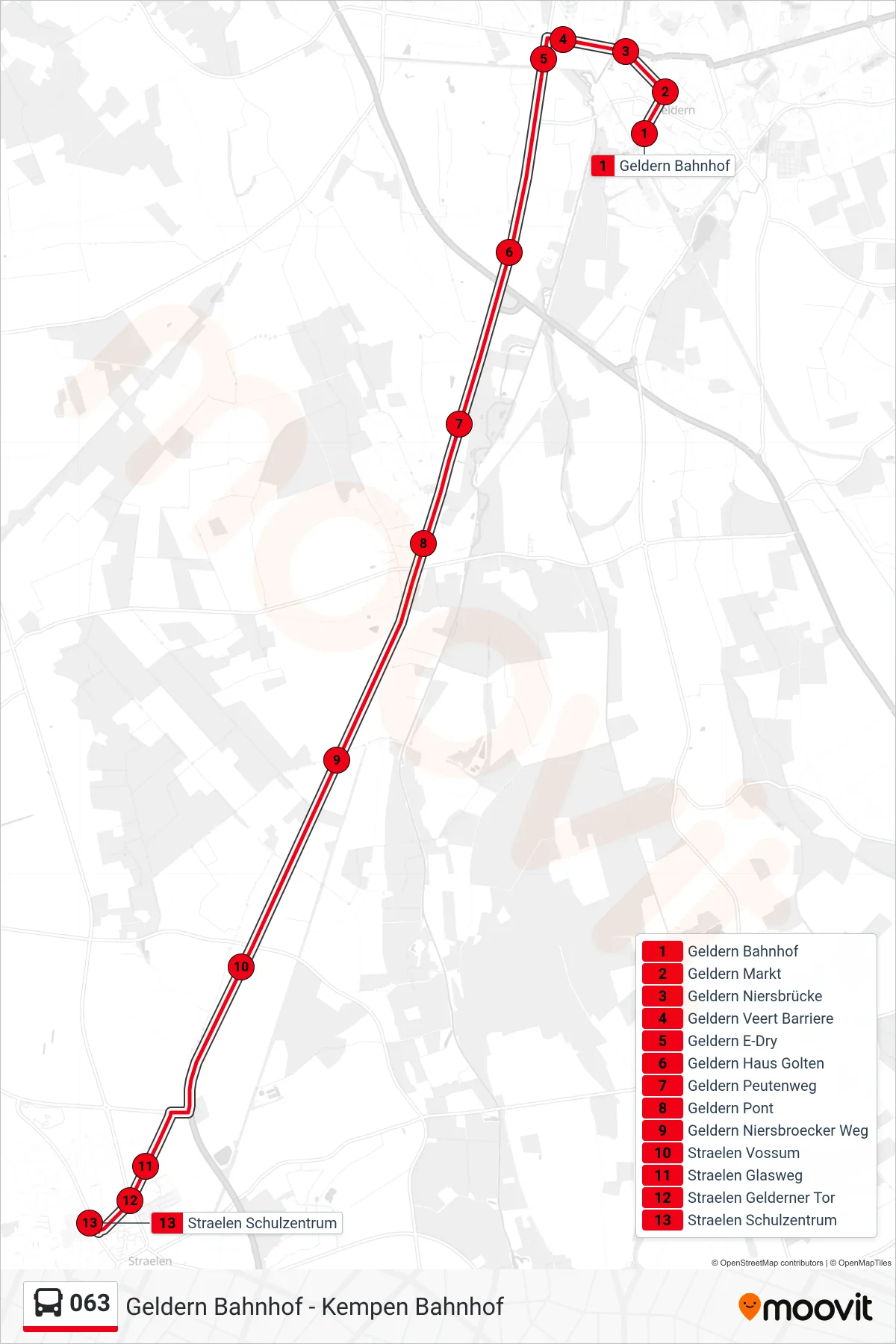 063 bus Line (Straelen Schulzentrum) route and stops on a map